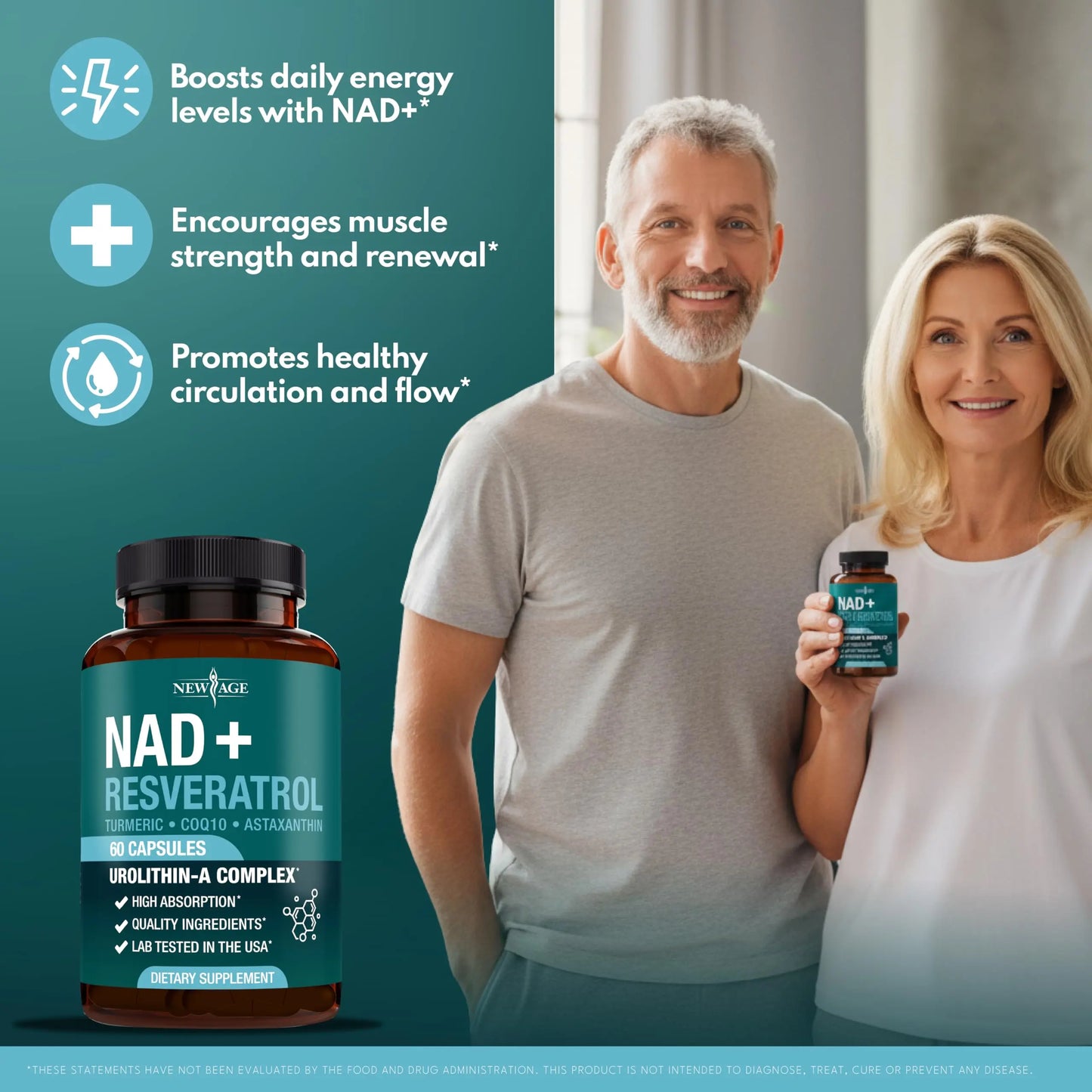 NEW AGE NAD+ Supplement Complex – NAD+ 300 mg with Astaxanthin, Urolithin A, Resveratrol, CoQ10 & Antioxidant Blend – Cellular Energy, Support or Women & Men – Vegan, Non-GMO- 120 Count NEW AGEBuy Supplements Australia