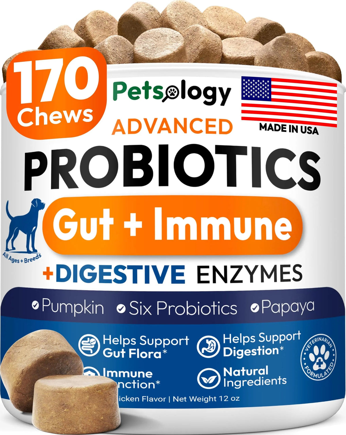 Probiotics for Dogs - 170 Dog Probiotics Chews - Digestive Enzymes & Prebiotics - Support Gut Health, Diarrhea, Gas & Constipation Relief - Itchy Skin, Allergies, Yeast Balance - Advanced Supplement Petsology buy supplements Au