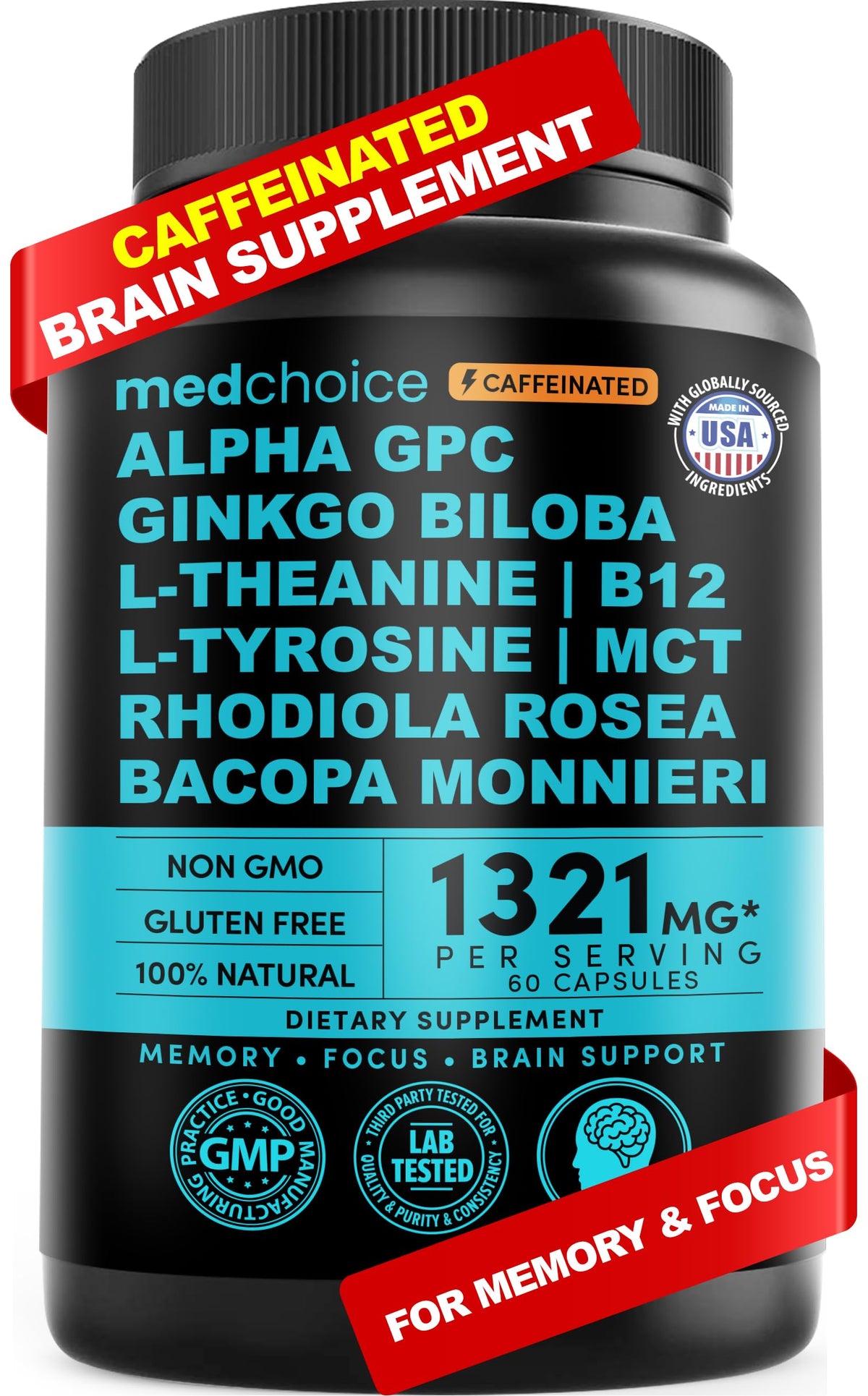 12-in-1 Nootropic Brain Supplement with Caffeine Anhydrous: Ginkgo Biloba for Brain Support, Memory and Focus - B12, Alpha GPC, L Theanine and Choline Supplements with Bioperine with 1321mg (60ct) MEDCHOICEBuy Supplements Australia