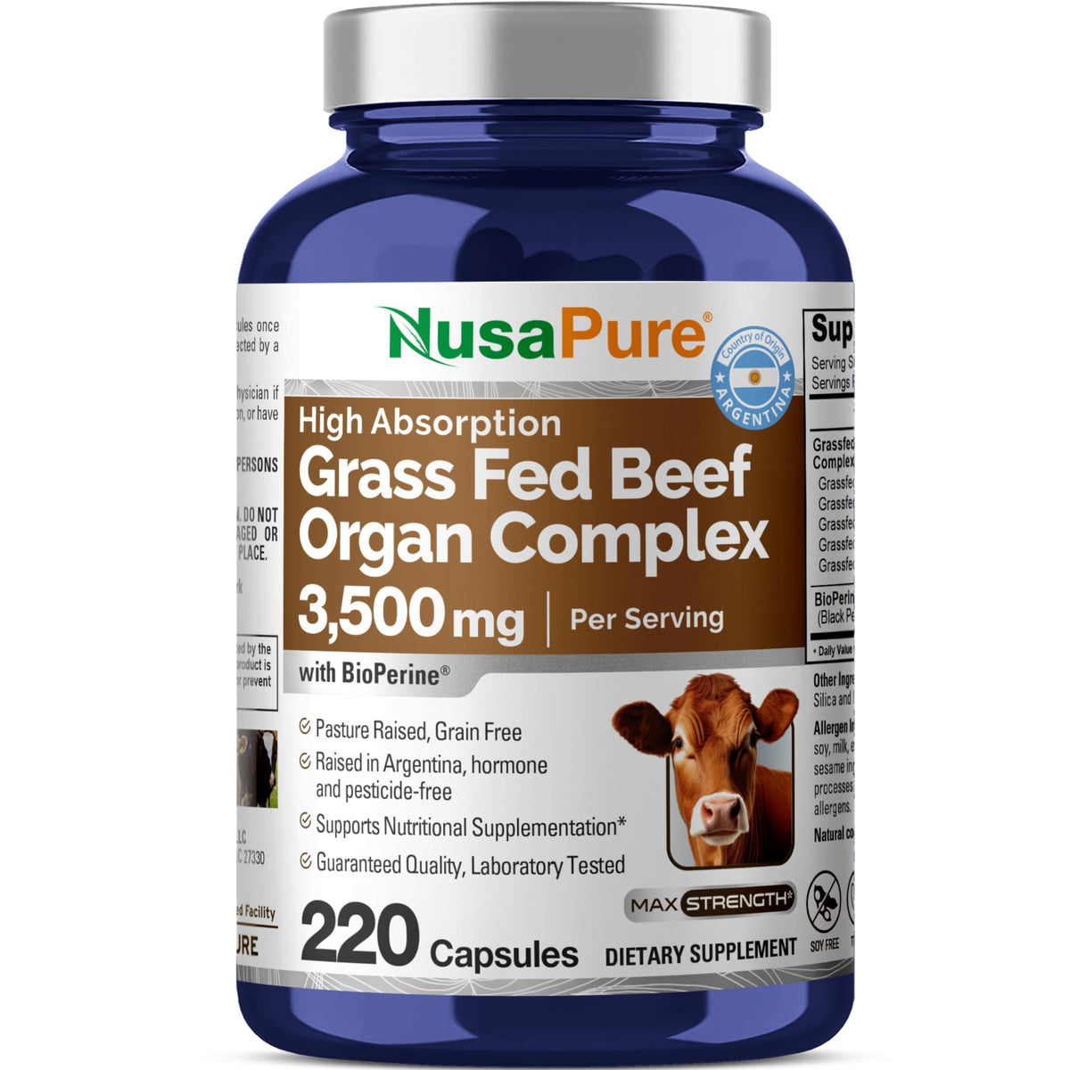 NusaPure Grass Fed Beef Organ Complex | 220 Capsules | Pasture Raised | with Desiccated Liver, Kidney, Pancreas, Heart, Spleen | Soyfree Non-GMO, Bioperine NusaPureBuy Supplements Australia