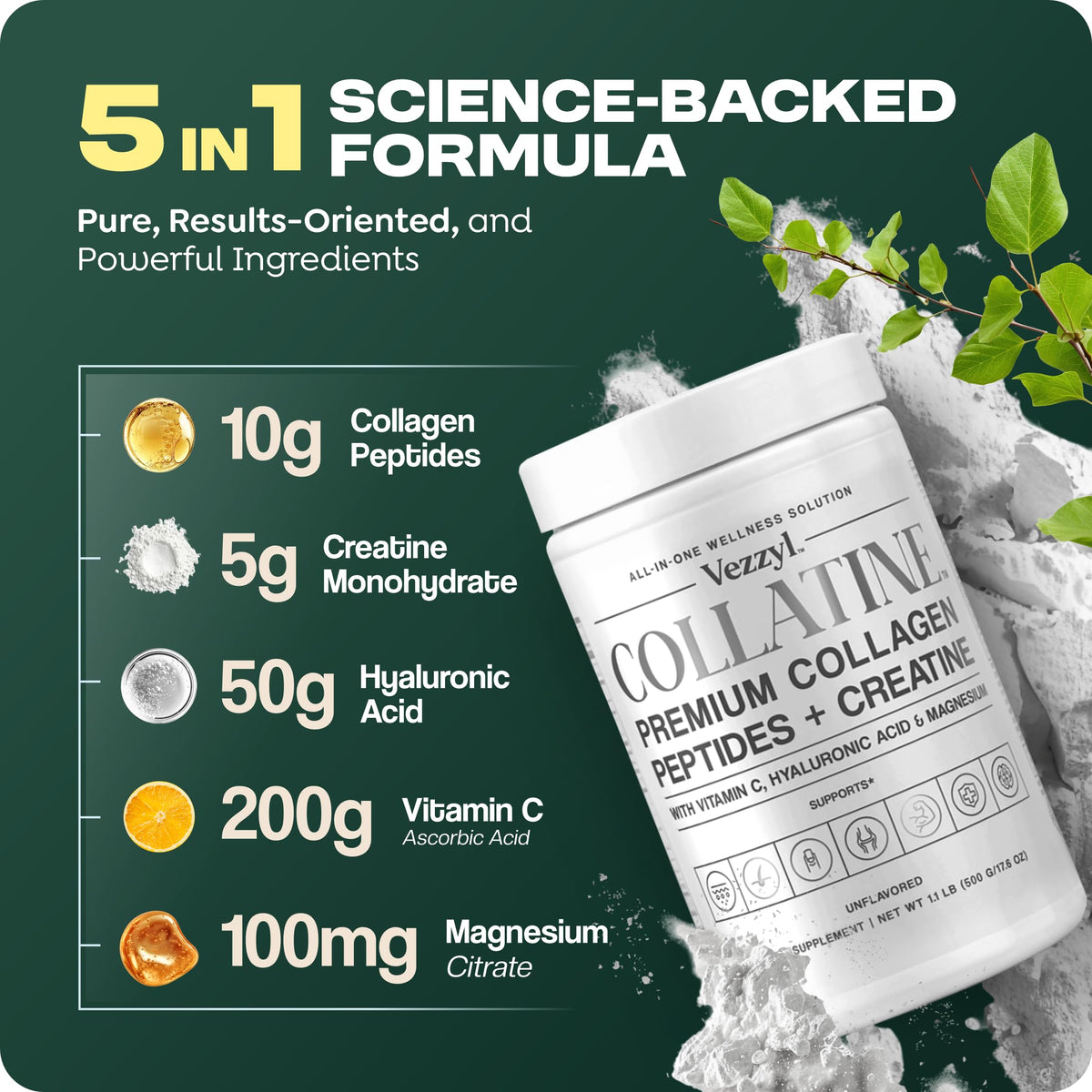 Vezzyl - Collatine - Premium Collagen Peptides + Creatine with Vitamin C, Hyaluronic Acid and Magnesium for Skin, Hair, Nails, Bone & Joint, Muscle, Immune and Cognitive Aid (.55 LB (250 G/8.8 OZ) VezzylBuy Supplements Australia
