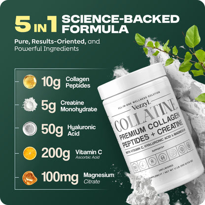 Vezzyl - Collatine - Premium Collagen Peptides + Creatine with Vitamin C, Hyaluronic Acid and Magnesium for Skin, Hair, Nails, Bone & Joint, Muscle, Immune and Cognitive Aid (.55 LB (250 G/8.8 OZ) VezzylBuy Supplements Australia