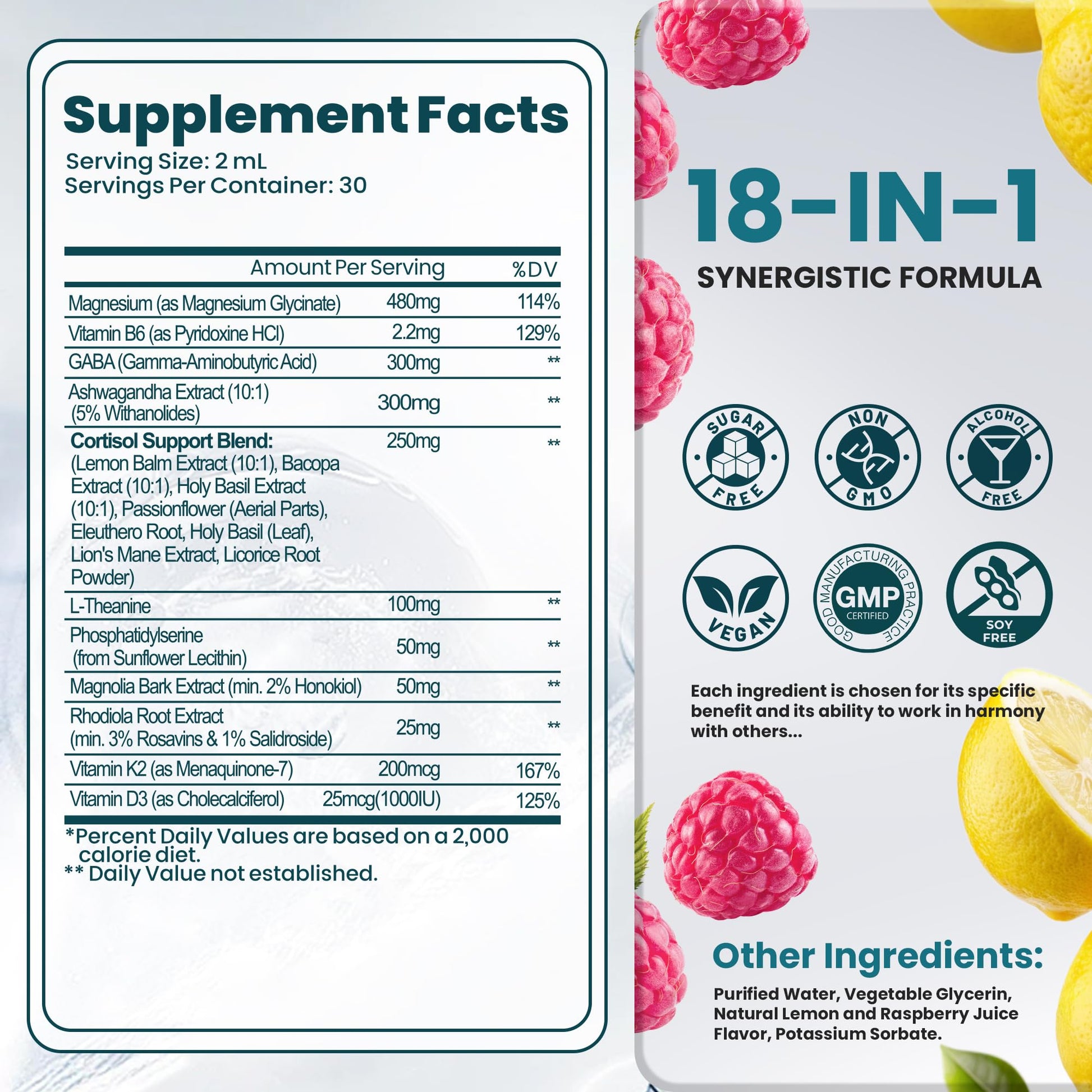 Cortisol Supplements for Women & Men, 18 in 1 Stress & Mood Support Drops with Magnesium 480mg, GABA, Ashwagandha, L-Theanine & Phosphatidylserine, for Relaxation & Sleep, Lemon Raspberry Flavor 60mL RylaxedBuy Supplements Australia