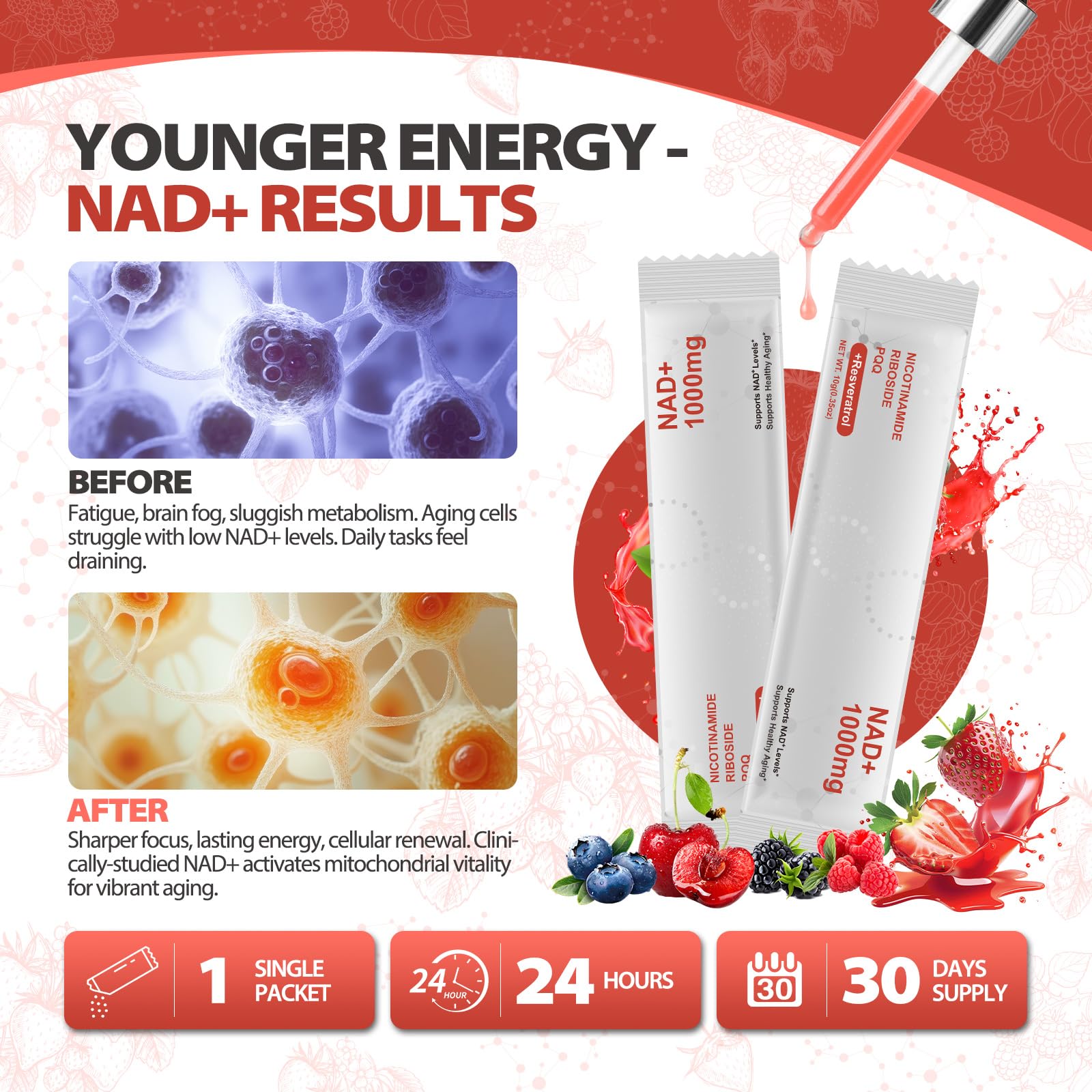 Zooone NAD+ Liquid Supplement 1000mg, Nicotinamide Riboside & Resveratrol, Extra Strength Berry Flavor Drink Mix for Energy, Focus & Anti-Aging -30 Pack ZoooneBuy Supplements Australia