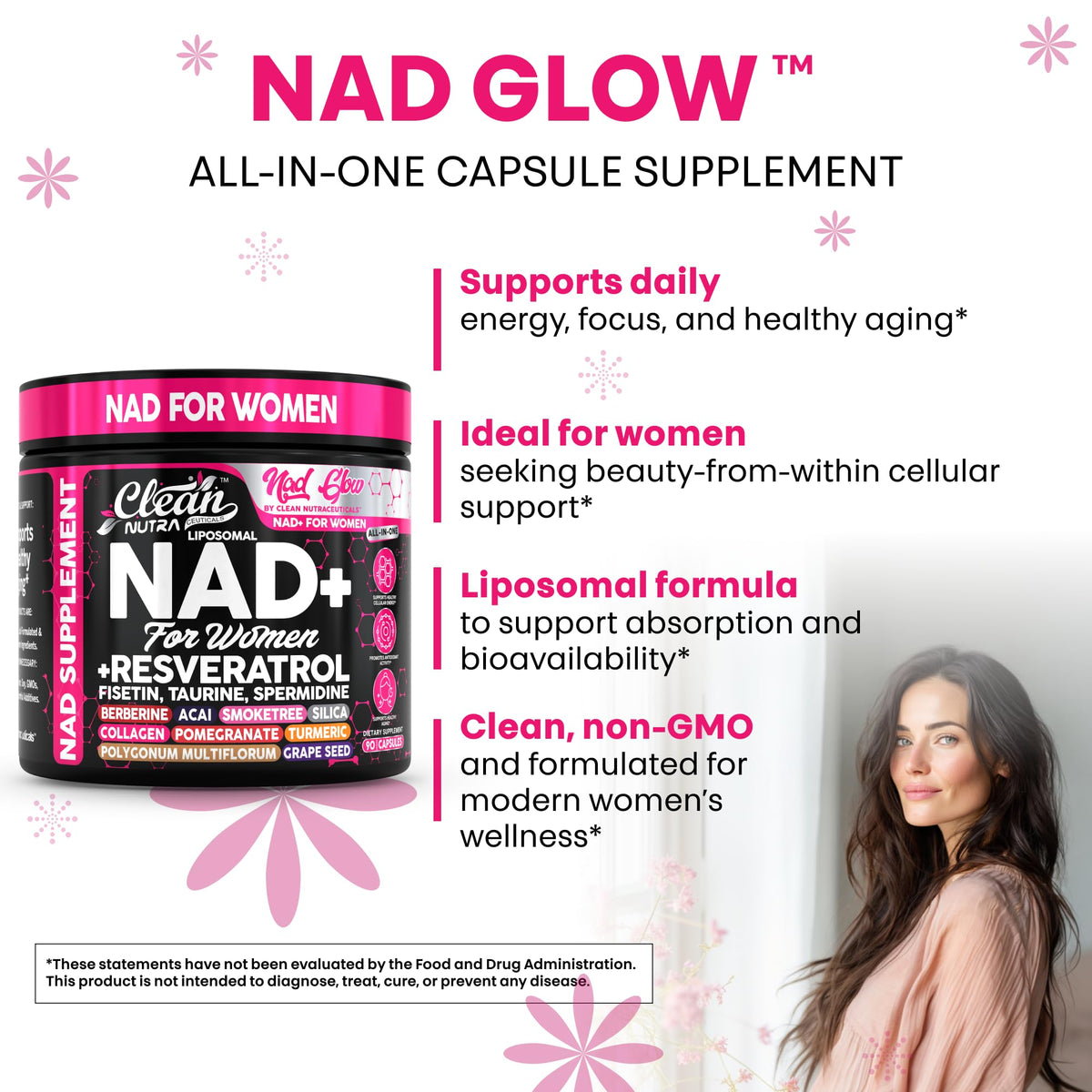 NAD+ Resveratrol Supplement for Women NAD Turmeric Vitamin C Acai Pomegranate Collagen Peptides Nicotinamide Riboside Fisetin Vitamin E Polygonum Multiflorum Berberine 90 Capsules by Clean Nutra Clean NutraceuticalsBuy Supplements Australia
