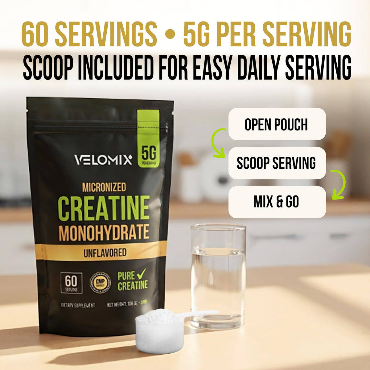 VELOMIX Micronized Creatine Monohydrate Powder - 100% Pure Creatine Powder Unflavored and Easy to Mix | Supports Muscle Growth, Recovery, and Strength | 5000mg Per Serv (5g) - 60 Servings VELOMIXBuy Supplements Australia