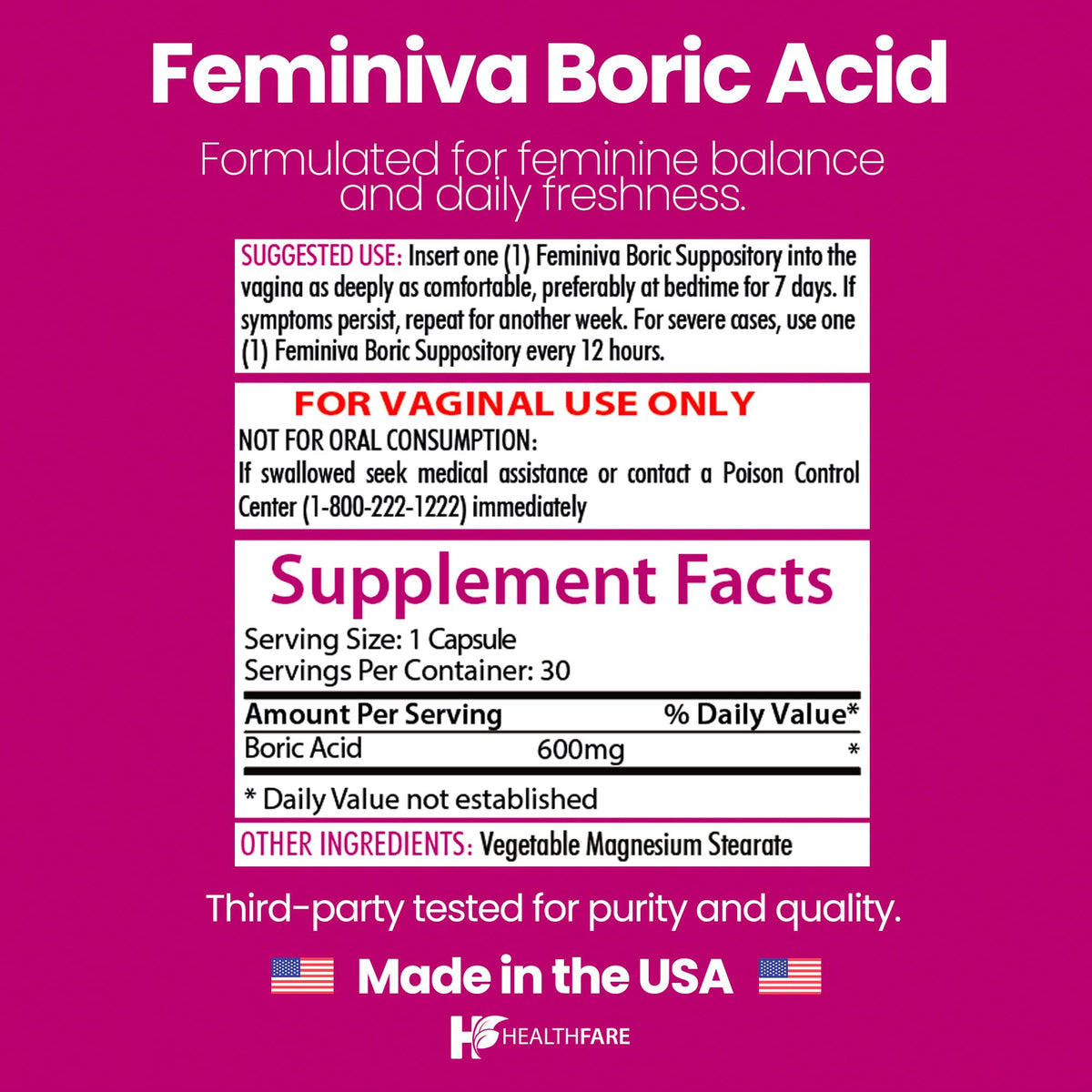 Healthfare Feminiva Boric Acid Suppositories | 2-Pack | 30 Vaginal Suppositories Each | 600mg | 100% Pure | Made in The USA HealthfareBuy Supplements Australia