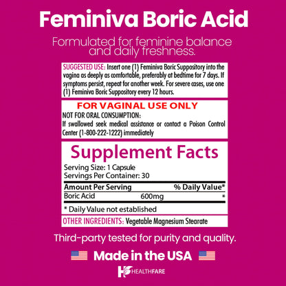 Healthfare Feminiva Boric Acid Suppositories | 2-Pack | 30 Vaginal Suppositories Each | 600mg | 100% Pure | Made in The USA HealthfareBuy Supplements Australia