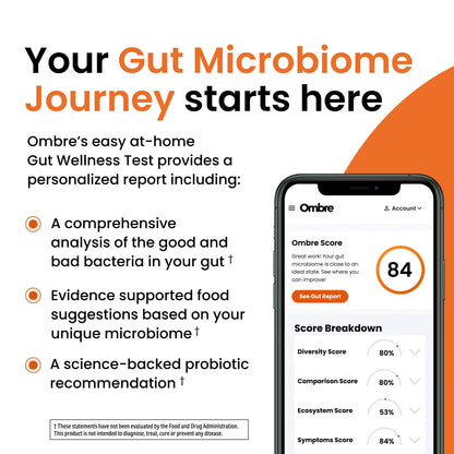 Ombre Gut Health Test Kit - Probiotic Recommender at Home Test for Women & Men - Detailed Custom Gut Microbiome Analysis for Digestive, Immune and Mental Health with Food Suggestions OmbreBuy Supplements Australia