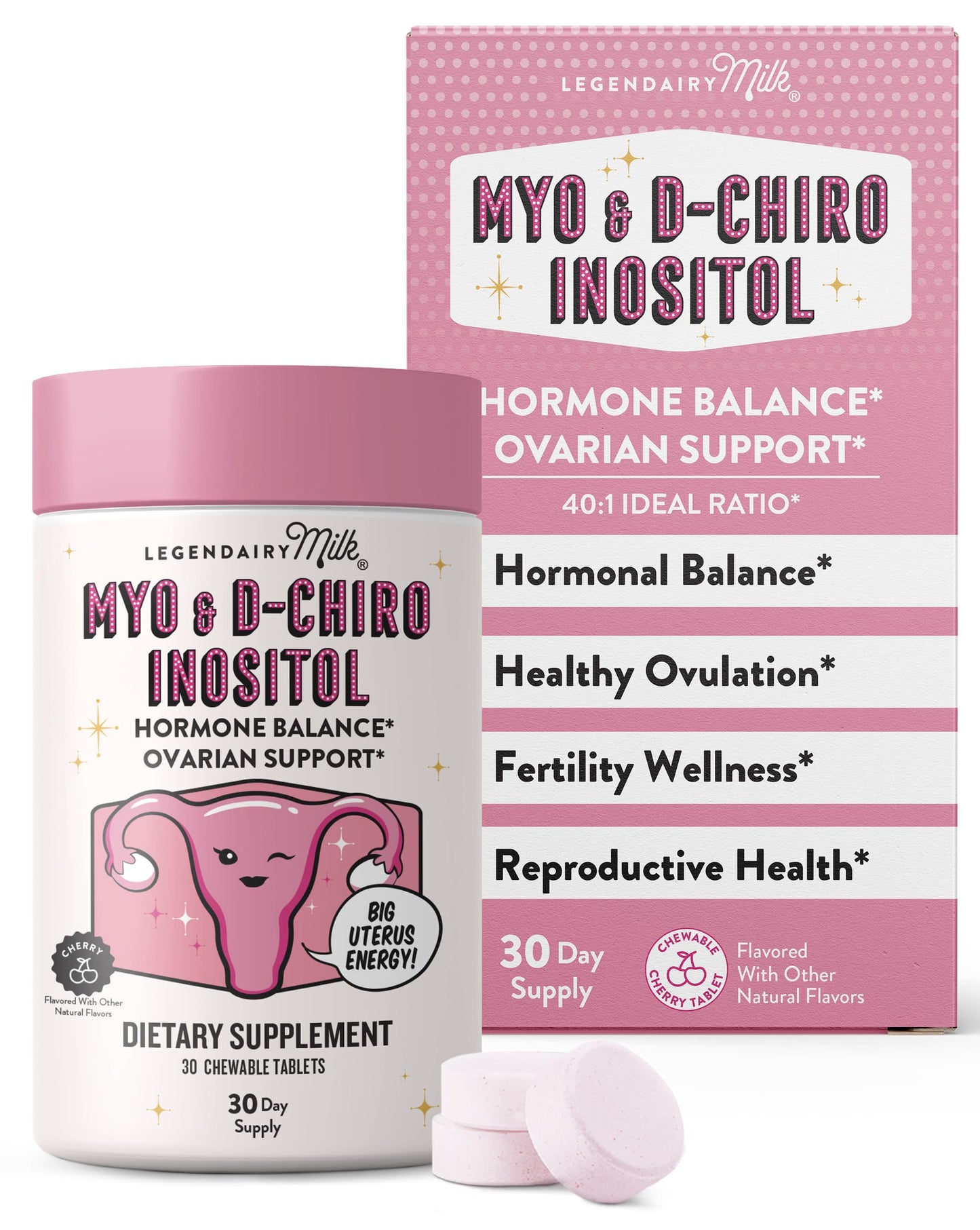 Legendairy Milk Myo-Inositol & D-Chiro Inositol Supplement for Women, 40:1 Ratio, PCOS & Fertility Support, Hormone Balance, Sugar Free Vegan Chewable Tablets, Cherry Flavor, 30 Day Supply Legendairy MilkBuy Supplements Australia