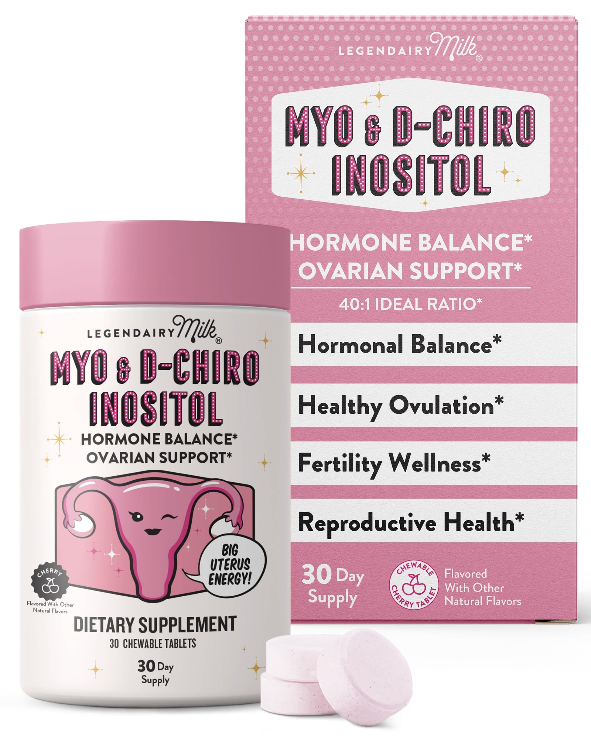 Legendairy Milk Myo-Inositol & D-Chiro Inositol Supplement for Women, 40:1 Ratio, PCOS & Fertility Support, Hormone Balance, Sugar Free Vegan Chewable Tablets, Cherry Flavor, 30 Day Supply Legendairy MilkBuy Supplements Australia