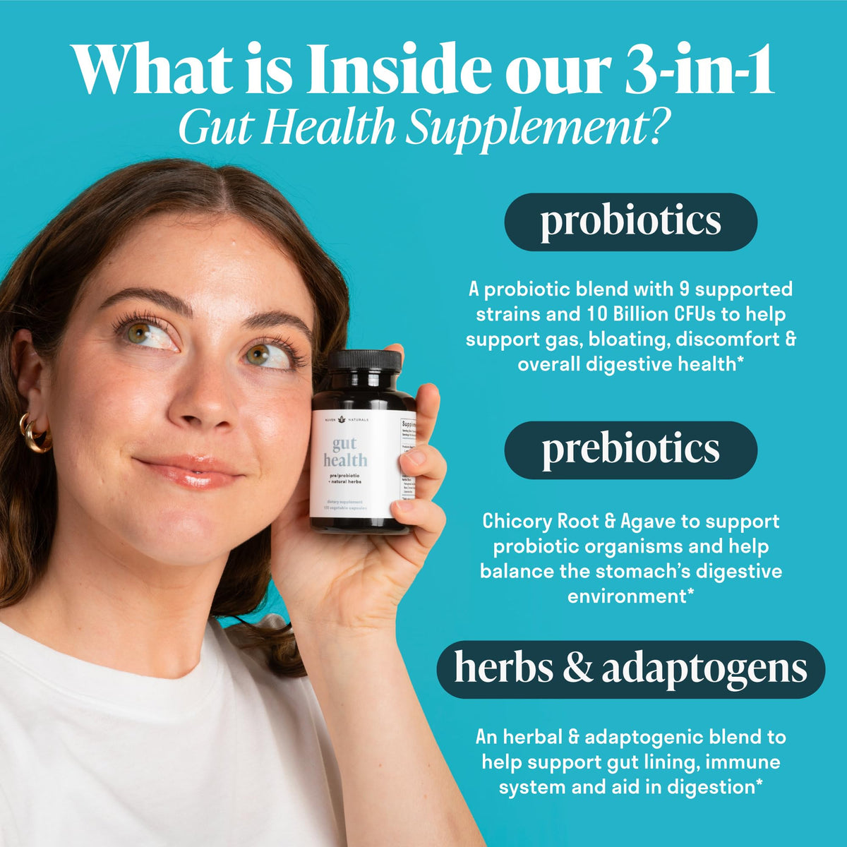 Nuven Naturals All-in-One Gut Health w/Probiotics, Prebiotics, Digestion-Supporting Herbs