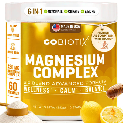 GoBiotix Magnesium Glycinate Powder – Cortisol Supplements for Women and Men – High Absorption Magnesium Complex Calm Supplement with Citrate, Malate – Sugar Free – 420 mg, 60 Servings - Honey Citrus GOBIOTIXBuy Supplements Australia