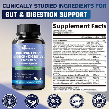 Digestive Enzymes Postbiotics Prebiotics Probiotics for Women Men, 200 Billion CFU 36 Probiotic Strains - Complete Gut, Digestive, Regularity, Gas, Bloating & Immune Support Supplement, Vegan, 60 Days FemmetraBuy Supplements Australia