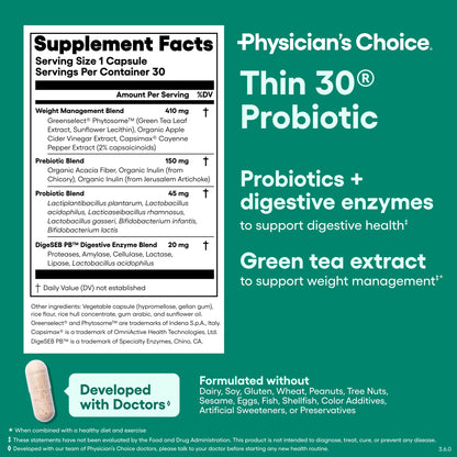 Physician's CHOICE Probiotics for Weight Management & Bloating - 6 Probiotic Strains - Prebiotics - Key ingredient Cayenne - Supports Gut Health - Weight Management for Women & Men - Green Tea - 30 CT Physician's CHOICE buy supplements Au