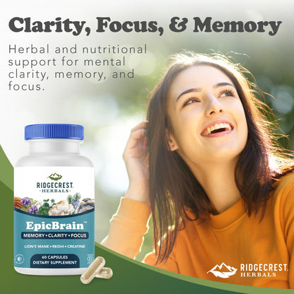RidgeCrest Herbals EpicBrain, Natural Brain Support Supplement with Creatine Monohydrate, Lion's Mane, Reishi, Supports Mental Clarity, Memory, Focus, Stimulant-Free Nootropic (60 Count, 30 Servings) RidgeCrest HerbalsBuy Supplements Australia