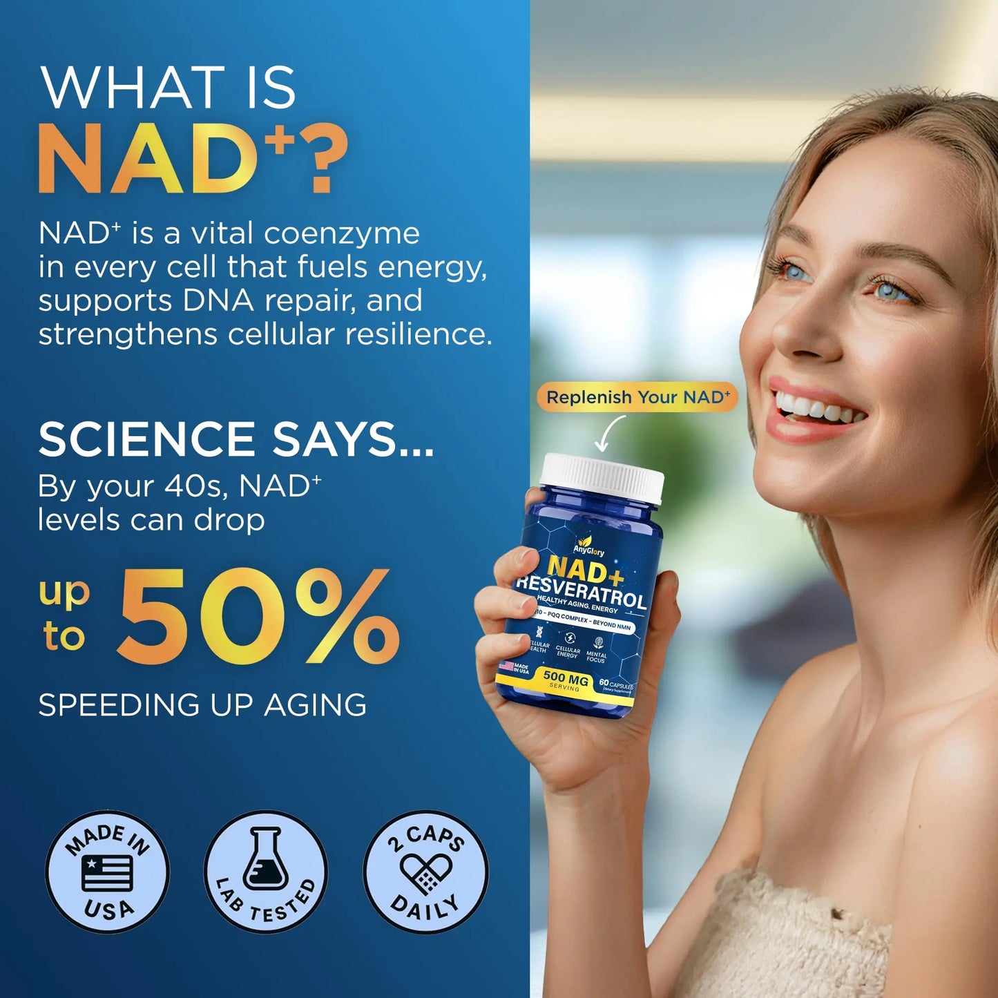 Anyglory NAD+ Supplement with 500mg NR, Resveratrol, CoQ10, PQQ- 5-in-1 NAD Formula |NMN Supplement Alternative|NAD Resveratrol Support Cellular Energy & Healthy Aging-Made in USA-60 Capsules AnygloryBuy Supplements Australia