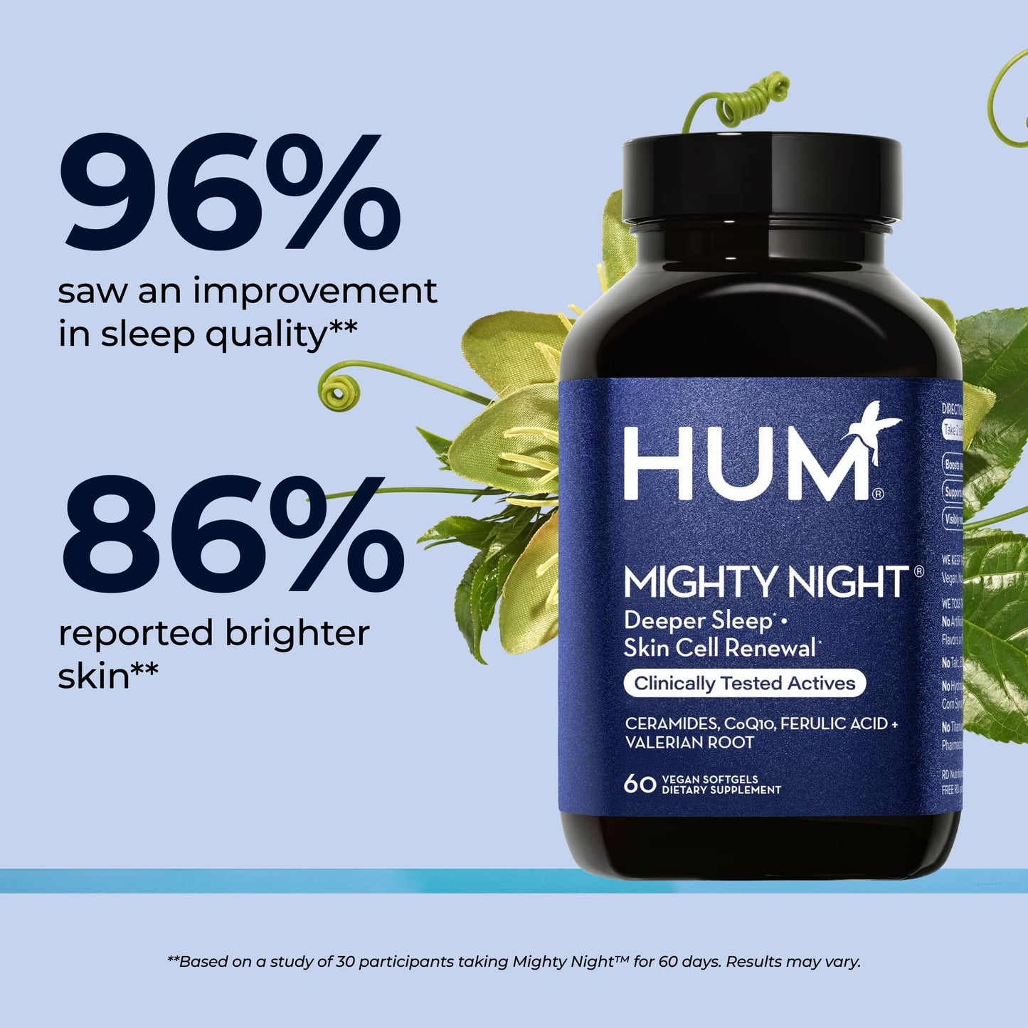 HUM Mighty Night Nighttime Sleep Supplement for Skin Care, CoQ10, Valerian Root & Ferulic Acid to Support Cell Turnover, Skin Vitamins for Women and Men, Overnight Beauty Vitamins, 60 Vegan Softgels HUMBuy Supplements Australia