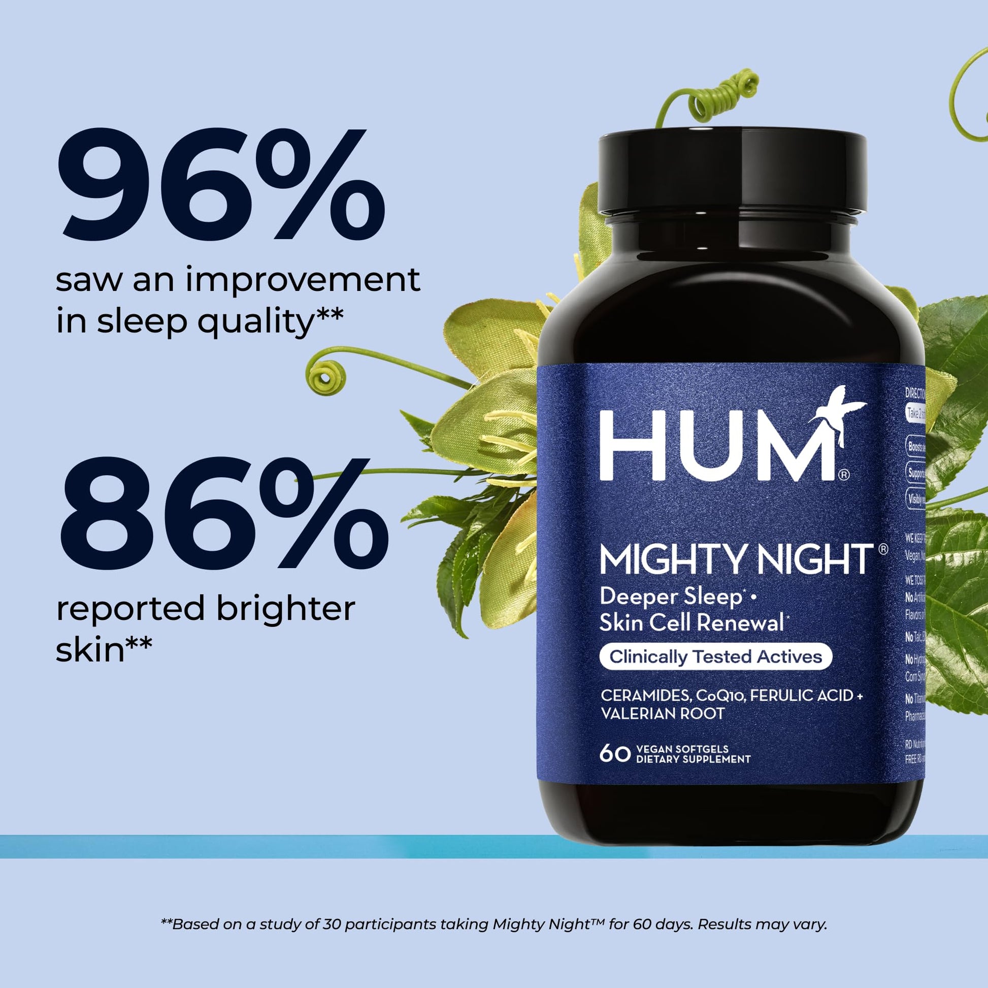 HUM Mighty Night Nighttime Sleep Supplement for Skin Care, CoQ10, Valerian Root & Ferulic Acid to Support Cell Turnover, Skin Vitamins for Women and Men, Overnight Beauty Vitamins, 60 Vegan Softgels HUMBuy Supplements Australia