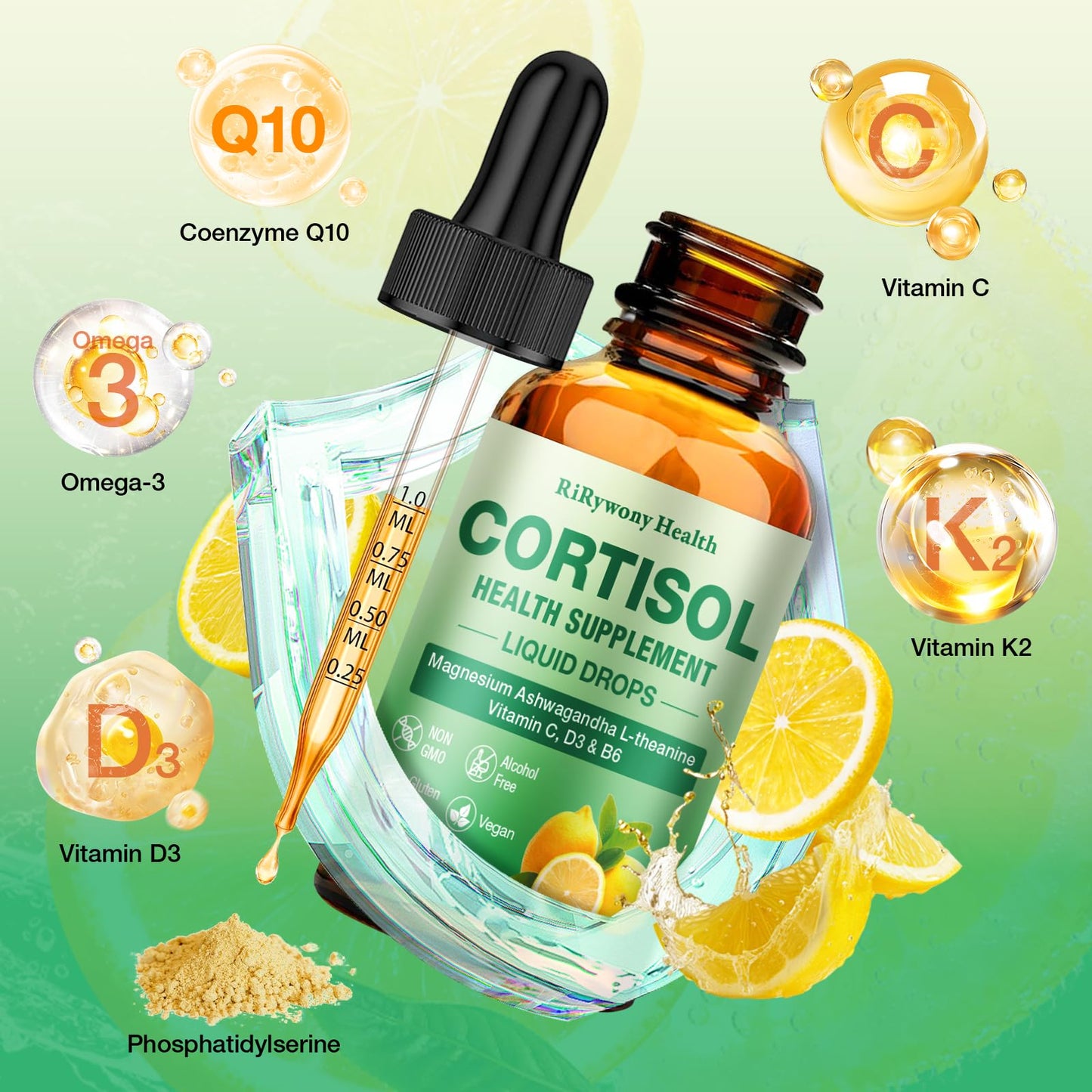 Cortisol Supplement for Women & Men - Cortisol Detox Reducer Magnesium Glycinate, Ashwagandha, L-Theanine, Phosphatidylserine - Hormone Balance for Calm Mood Focus Sleep (2 FL.OZ Lemon) RiRywony HealthBuy Supplements Australia