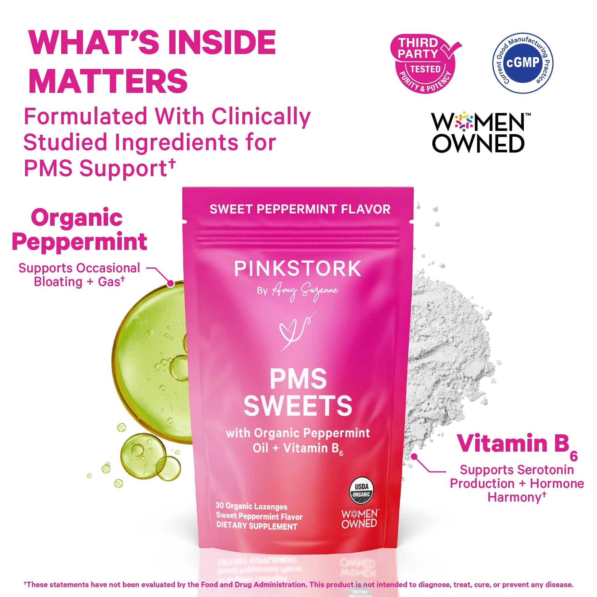Pink Stork Organic PMS Support Sweets for Teens and Women - Simple & Natural Ingredients Vitamin B6 and Peppermint - Period, Digestion, Bloating, Mood Swings - 30 Drops Pink Stork buy supplements Au