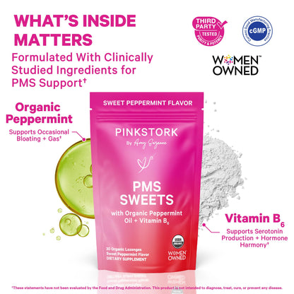 Pink Stork Organic PMS Support Sweets for Teens and Women - Simple & Natural Ingredients Vitamin B6 and Peppermint - Period, Digestion, Bloating, Mood Swings - 30 Drops Pink Stork buy supplements Au