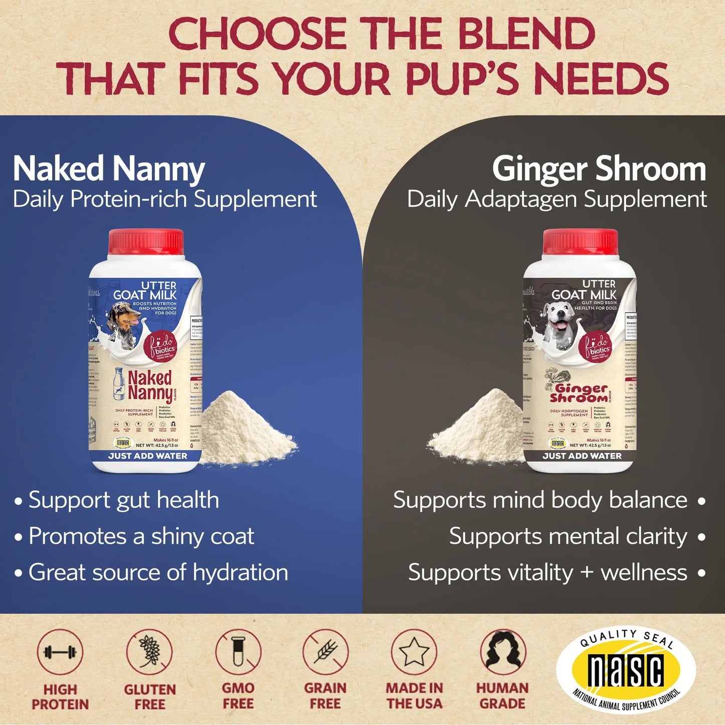 Fidobiotics Goat Milk Powder for Dogs, Mix and Serve Gut and Brain Health Support with Prebiotics, Probiotics, & Postbiotics, Ginger Shroom Flavor, 32oz FidobioticsBuy Supplements Australia