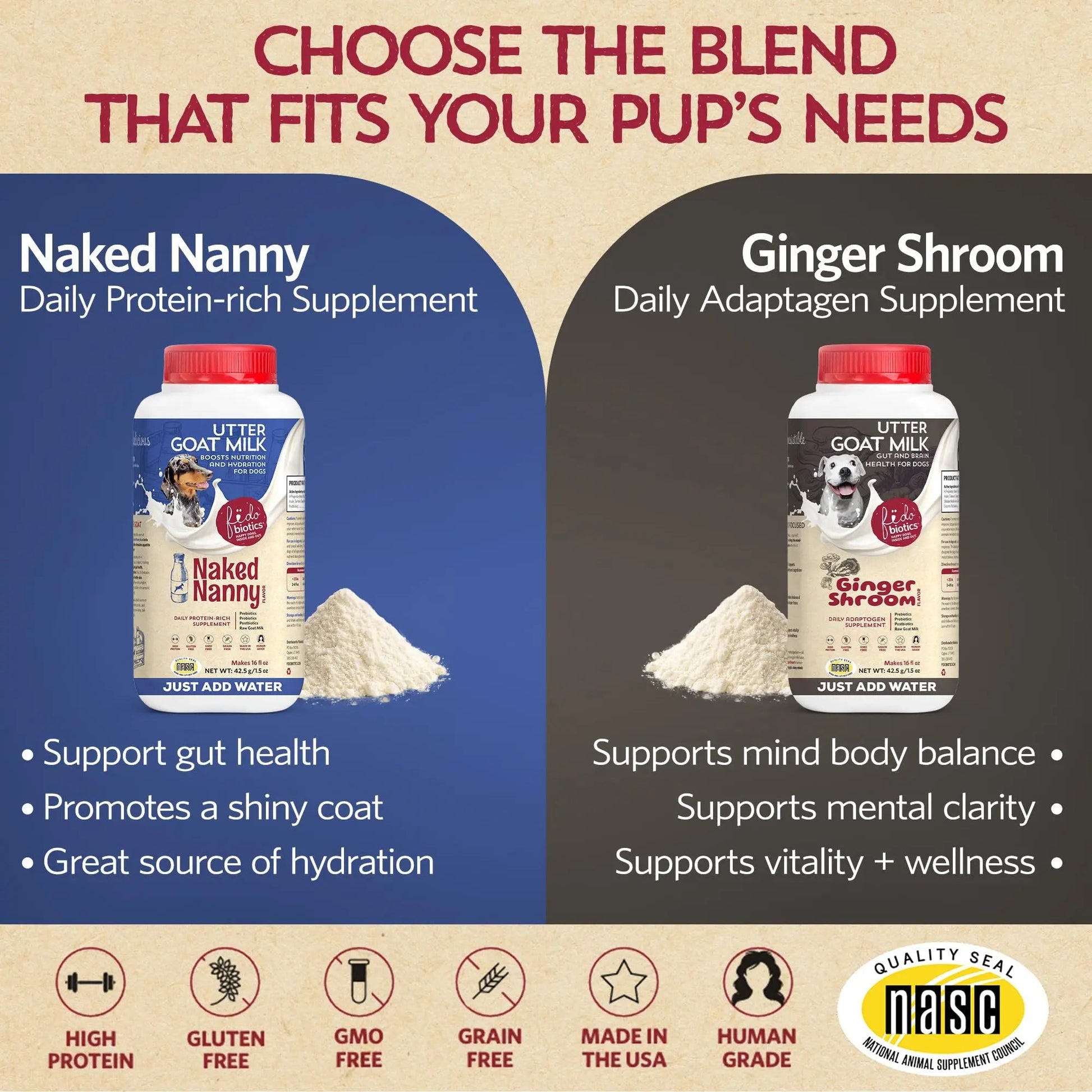 Fidobiotics Goat Milk Powder for Dogs, Mix and Serve Gut and Brain Health Support with Prebiotics, Probiotics, & Postbiotics, Ginger Shroom Flavor, 32oz FidobioticsBuy Supplements Australia