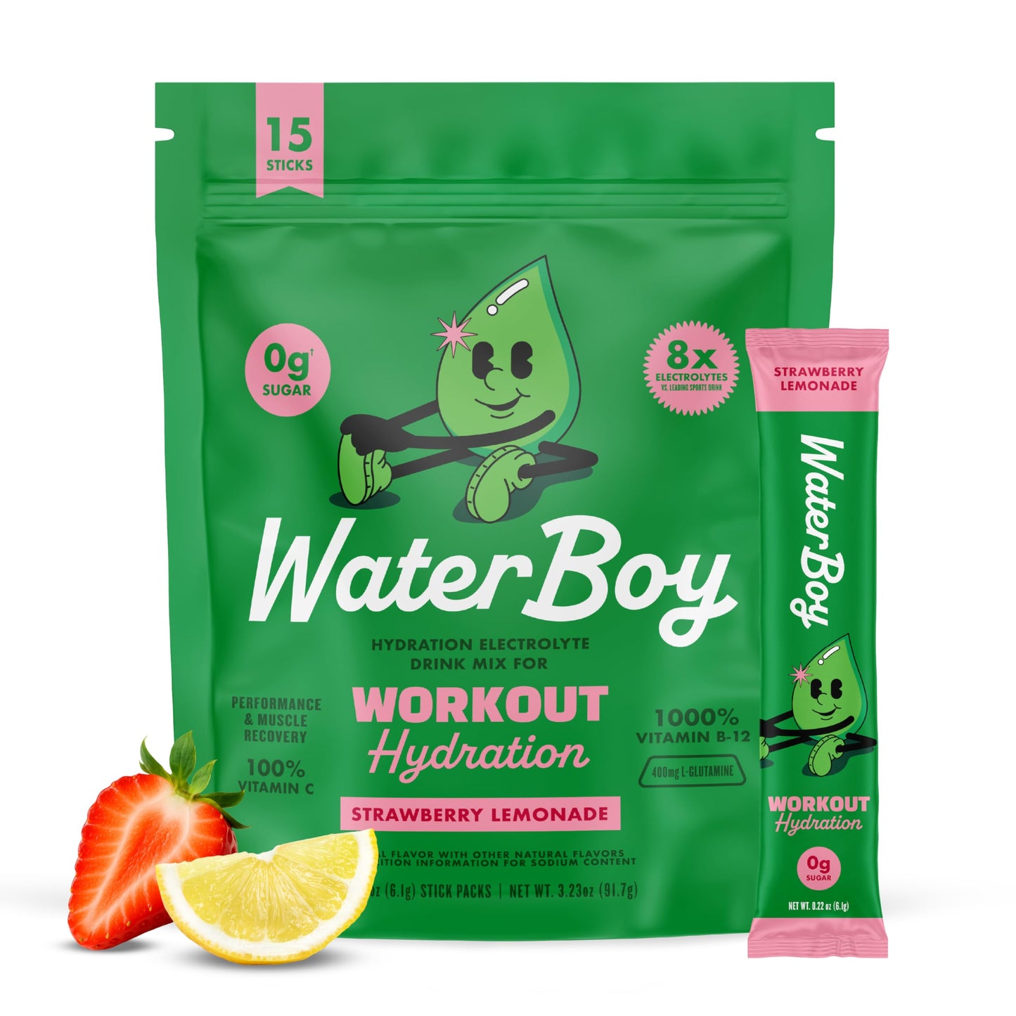 Waterboy Workout Hydration | 2,960mg Sugar Free Electrolyte Powder Packets | L-Glutamine + Vitamins | No Sugar, All Natural, Gluten Free