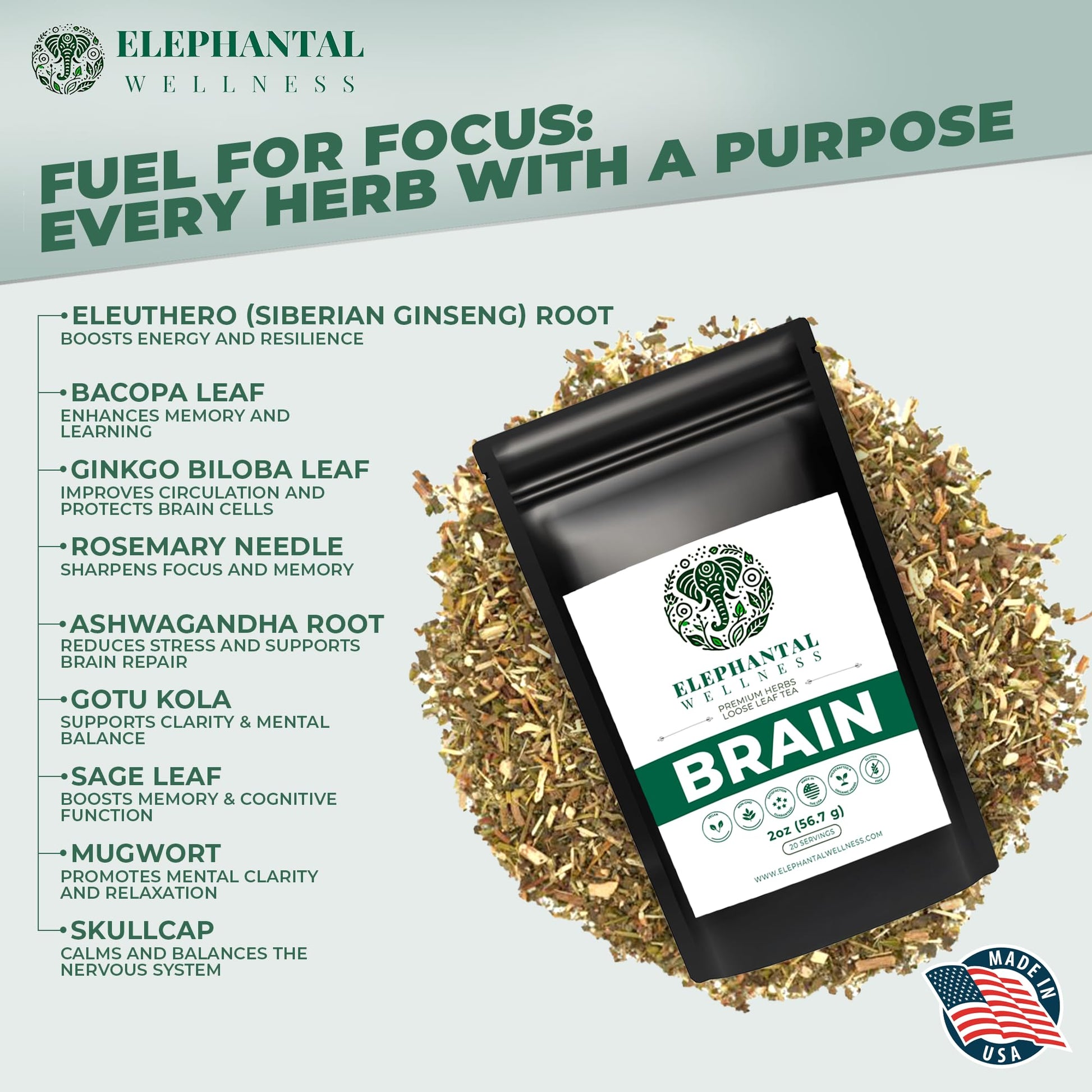 Elephantal Wellness Premium Brain Herbal Tea | Nootropic Focus & Mental Clarity with Ginkgo, Bacopa, Gotu Kola & Rosemary | Non-GMO, Caffeine-Free Coffee Alternative, Handmade Loose Leaf Blend, 2oz Loose Leaf, 20 Servings Elephantal WellnessBuy Supplements Australia