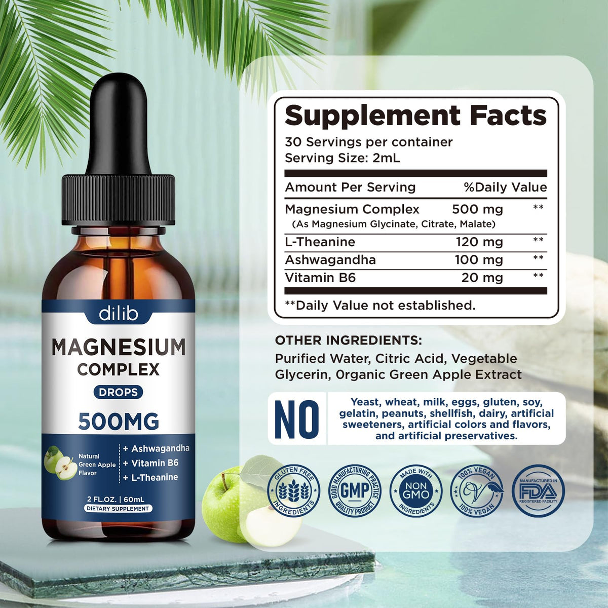 Triple Magnesium Complex Supplement-Magnesium Glycinate, Citrate, Malate Liquid Drops 500mg with Ashwagandha, L-Theanine, B6 for Calm, Stress Relief, Sleep, Muscle Support-Green Apple Flavor dilibBuy Supplements Australia