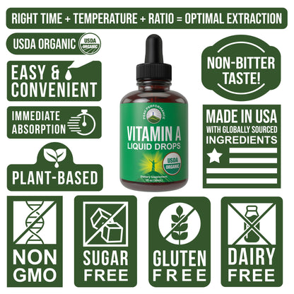 USDA Organic Vitamin A Liquid Drops Supplement. Vegan High Bioavailability for Eye, Skin + Bone Health. for Adults, Men, Women, Kids. Vit A Oil Retinyl Palmitate. Gluten Free, Zero Sugar. 100 Servings Peak PerformanceBuy Supplements Australia