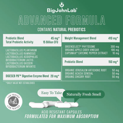 BIGJOHNLAB® - Probiotics for Weight Management & Bloating - 6 Probiotic Strains - Prebiotics - Key Ingredient Cayenne & Green Tea - Supports Gut Health - Weight Management for Women & Men - 30 CT BIGJOHNLABBuy Supplements Australia