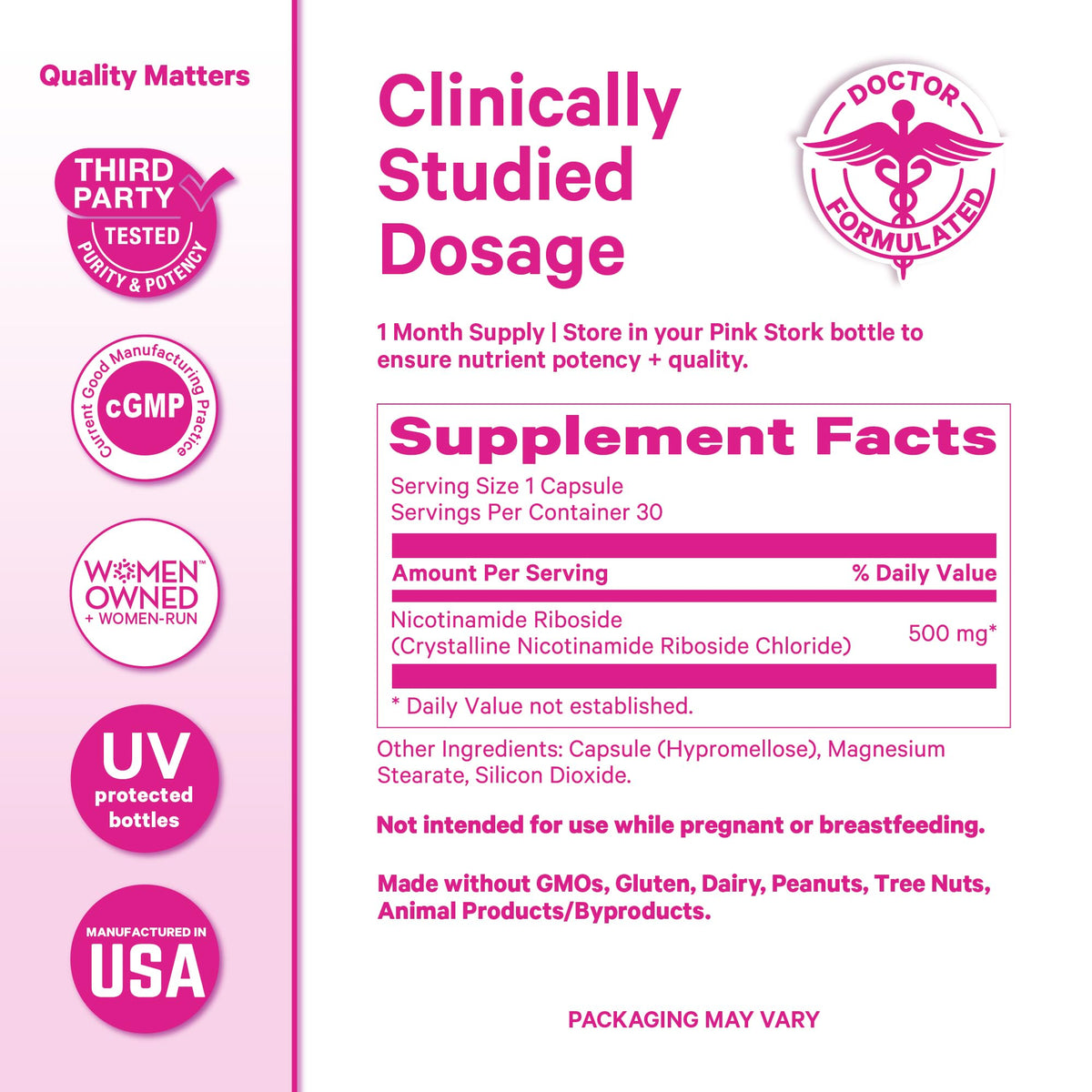 Pink Stork NAD+ Supplement for Women | 500mg Nicotinamide Riboside NR | Clinically-Studied Pure NMN Powder | Brain + Cognitive Support |Energy, Skin Essentials Over 30 | 1 Month Supply Pink StorkBuy Supplements Australia