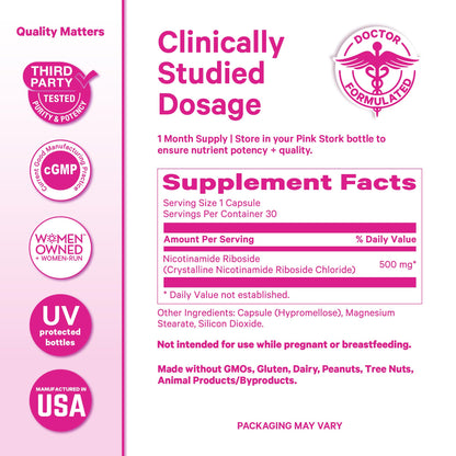 Pink Stork NAD+ Supplement for Women | 500mg Nicotinamide Riboside NR | Clinically-Studied Pure NMN Powder | Brain + Cognitive Support |Energy, Skin Essentials Over 30 | 1 Month Supply Pink StorkBuy Supplements Australia