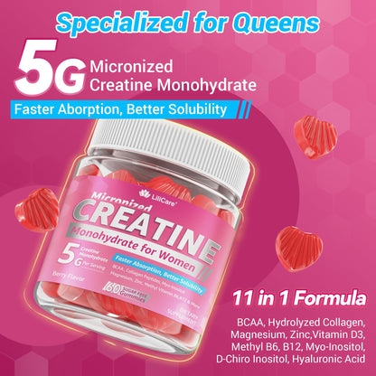 Creatine for Women Gummies, Micronized Creatine Monohydrate + Myo-Inositol, Collagen Peptides, BCAAs, Hyaluronic Acid, Vitamin B6 B12, Zinc for Enërgy, Föcus, Hörmonal Balance, Sugar Free, 120 Counts LILICAREBuy Supplements Australia