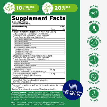 Probulin Total Care Immune = Prebiotics + Probiotics + Postbiotics + Elderberry to Support Immune & Gut Health - 20 Billion CFU - 10 Probiotic Strains, 30 Vegan Capsules ProbulinBuy Supplements Australia
