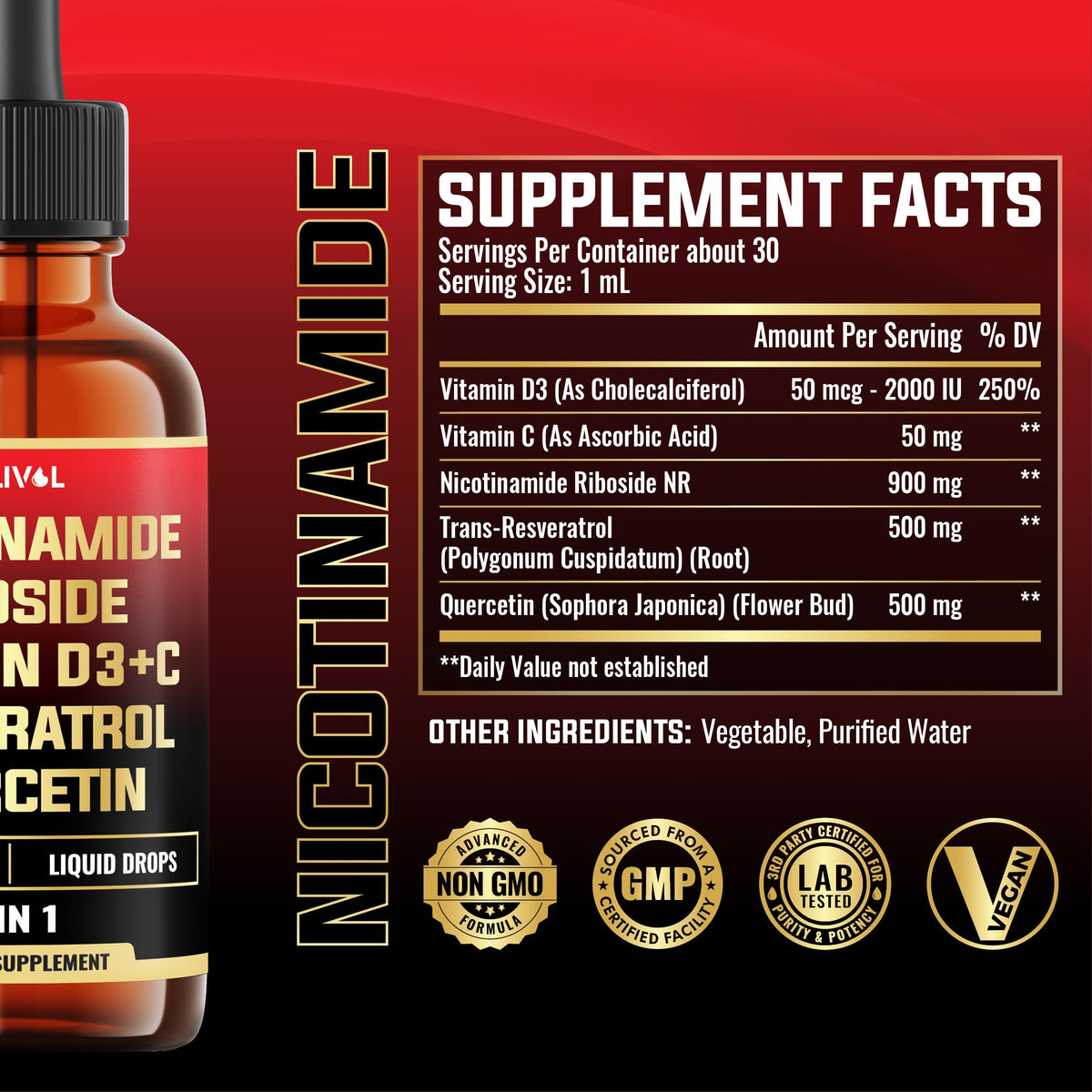 MILIVOL 5in1 NAD+ Liquid Drops w/Nicotinamide Riboside NR 900mg, Quercetin 500mg, Trans-resveratrol 500mg, Vitamin D3-C - Cellular Energy & Repair, Vitality, Healthy Aging - 1FL Oz - 1 Month Supply MILIVOLBuy Supplements Australia