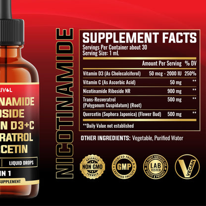 MILIVOL 5in1 NAD+ Liquid Drops w/Nicotinamide Riboside NR 900mg, Quercetin 500mg, Trans-resveratrol 500mg, Vitamin D3-C - Cellular Energy & Repair, Vitality, Healthy Aging - 1FL Oz - 1 Month Supply MILIVOLBuy Supplements Australia