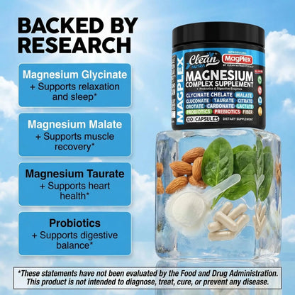 8in1 Magnesium Supplement Complex | Magnesium Glycinate Citrate Malate Gluconate Orotate Carbonate Lactate + Prebiotics Probiotics Digestive Enzymes Magnesio Clean Nutraceuticals canada supplements