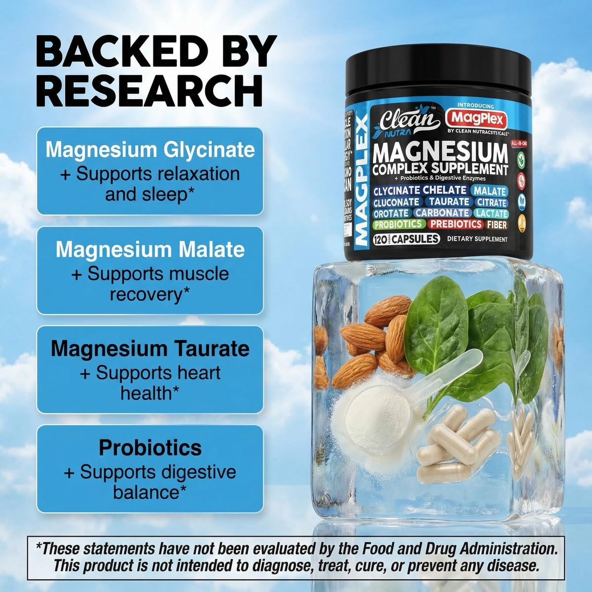 8in1 Magnesium Supplement Complex | Magnesium Glycinate Citrate Malate Gluconate Orotate Carbonate Lactate + Prebiotics Probiotics Digestive Enzymes Magnesio