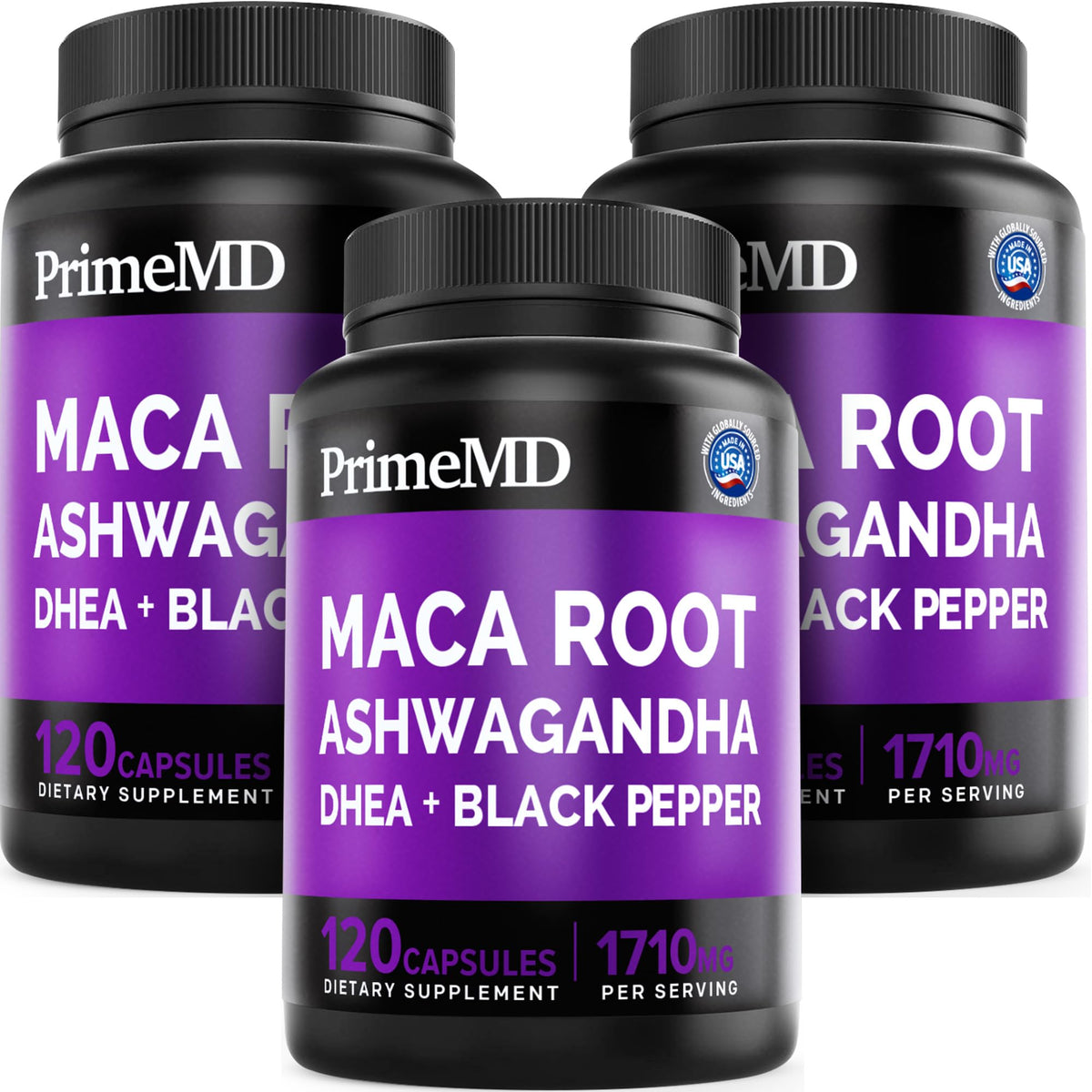 6-in-1 Organic Maca Root Ashwagandha Capsules 1710mg with DHEA and Black Pepper Fruit Extract for Women and Men - Black Maca Supplement for Stamina, Bone and Mood Support Supplement, 120ct (Pack of 3) PrimeMDBuy Supplements Australia