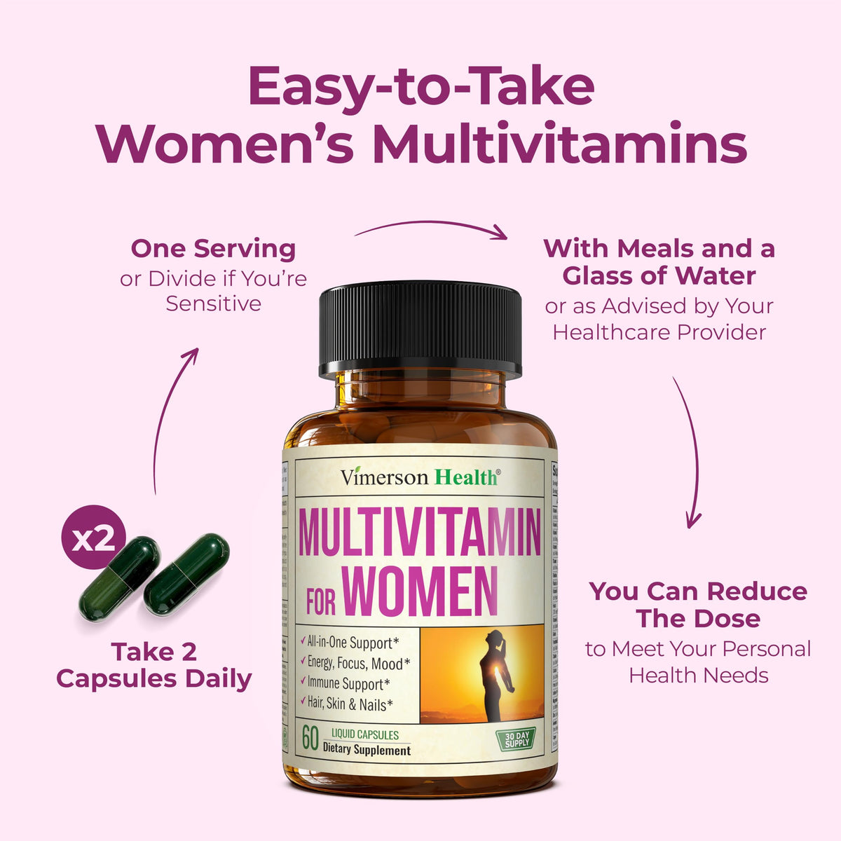 Multivitamin for Women with Bioavailable Vitamins, Minerals, Vitamin D, B12, C, A & Zinc for Energy, Focus and Immune Health – Premium Womens Multivitamins & Multiminerals – 60 Liquid Caps Vimerson HealthBuy Supplements Australia