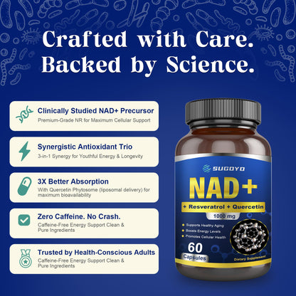 SUGOYO NAD+ Supplement 1000mg Liposomal Nicotinamide Riboside Enhanced with Resveratrol & Quercetin, Anti-Aging & Energy Boost, NMN Alternative, NAD Supplement for Women & Men (60 Count (Pack of 1)) SUGOYOBuy Supplements Australia