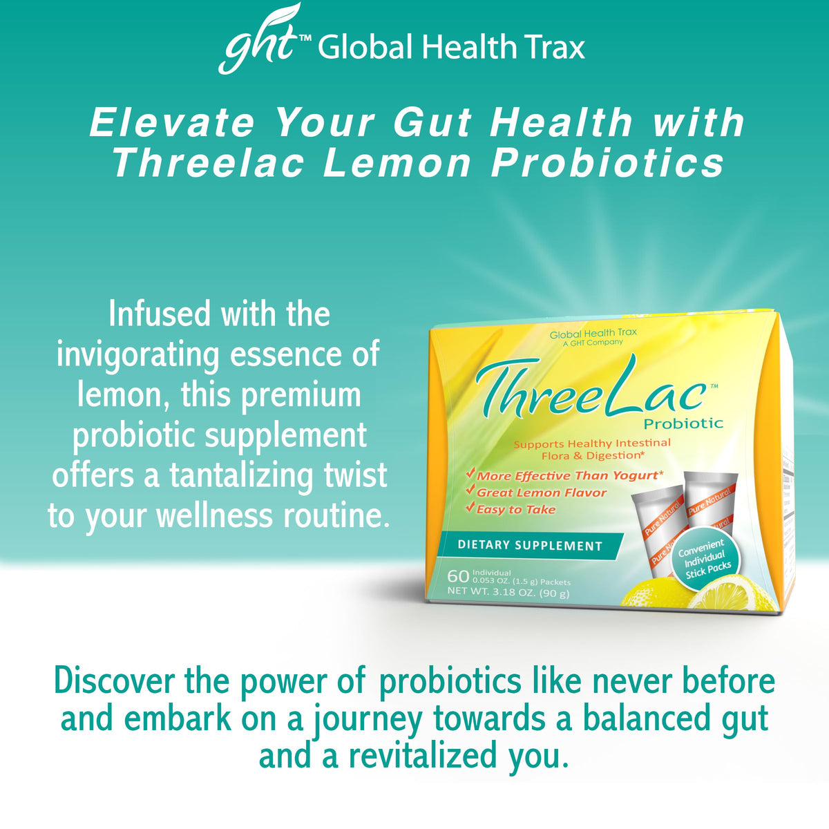 Global Health Trax ThreeLac Lemon Probiotic Drink Mix for Digestive Health - Advanced Probiotic Powder Formula for Men, Women, and Kids - Immune Support & Gut Balance, Non-GMO - 180 Packets ght Global Health TraxBuy Supplements Australia