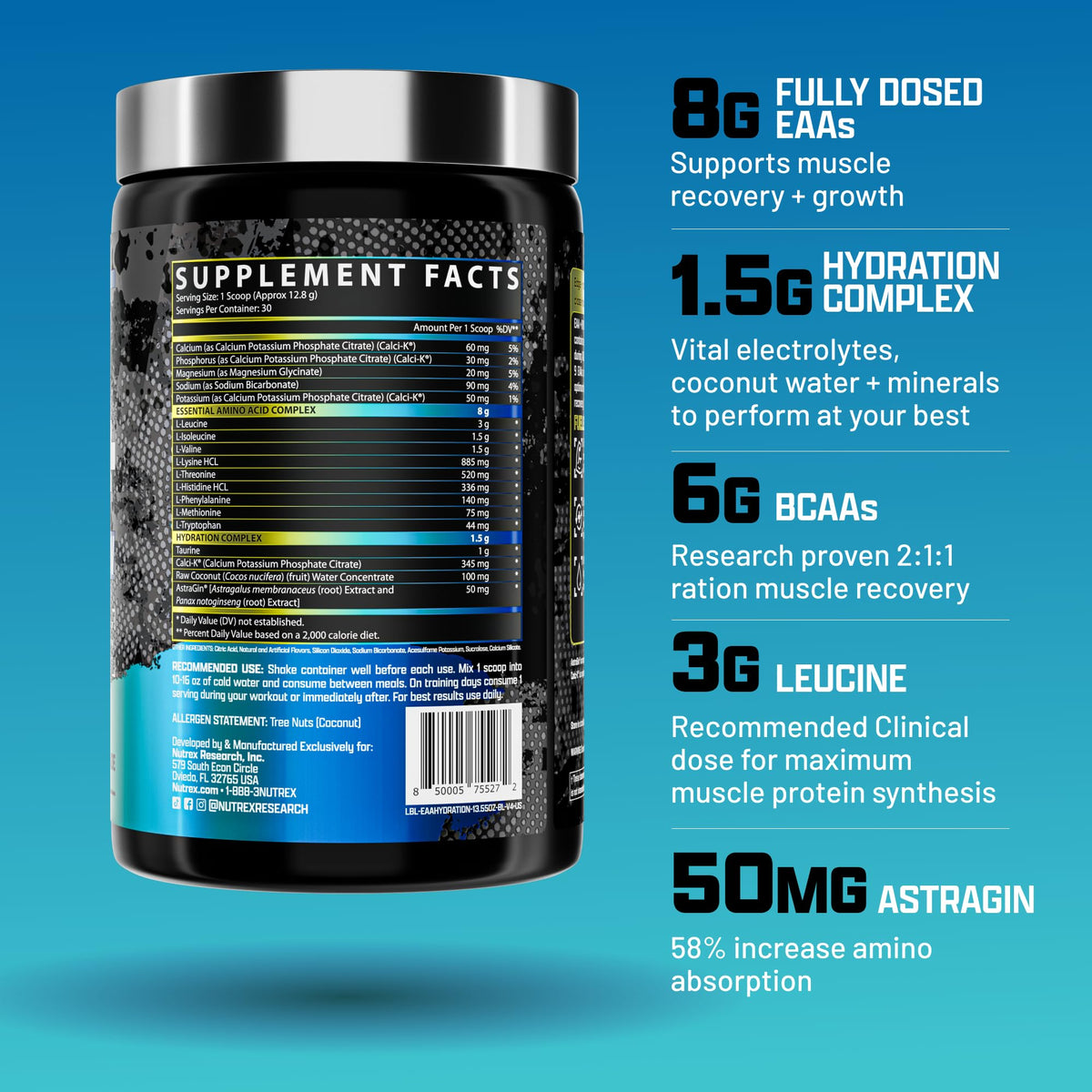 Nutrex Research EAA Hydration | EAAs + BCAA Powder | Muscle Recovery, Strength, Muscle Building, Endurance | 8G Essential Amino Acids + Electrolytes | Blueberry Lemonade 30 Servings Nutrex Research buy supplements Au