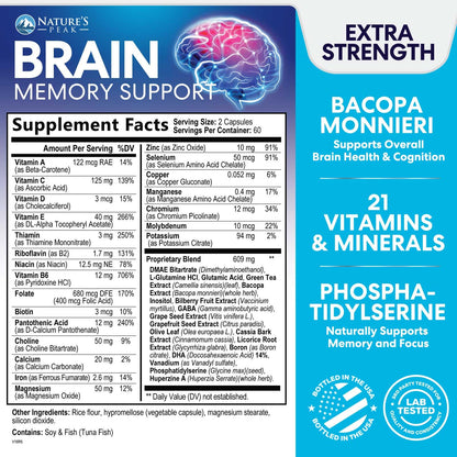 Brain Memory Supplement - 3X Strength Nootropics for Concentration, Clarity & Focus Support - Brain Health Cognitive Vitamins with Bacopa, Phosphatidylserine & DMAE, Brain Booster Pills, 120 Capsules Nature's PeakBuy Supplements Australia