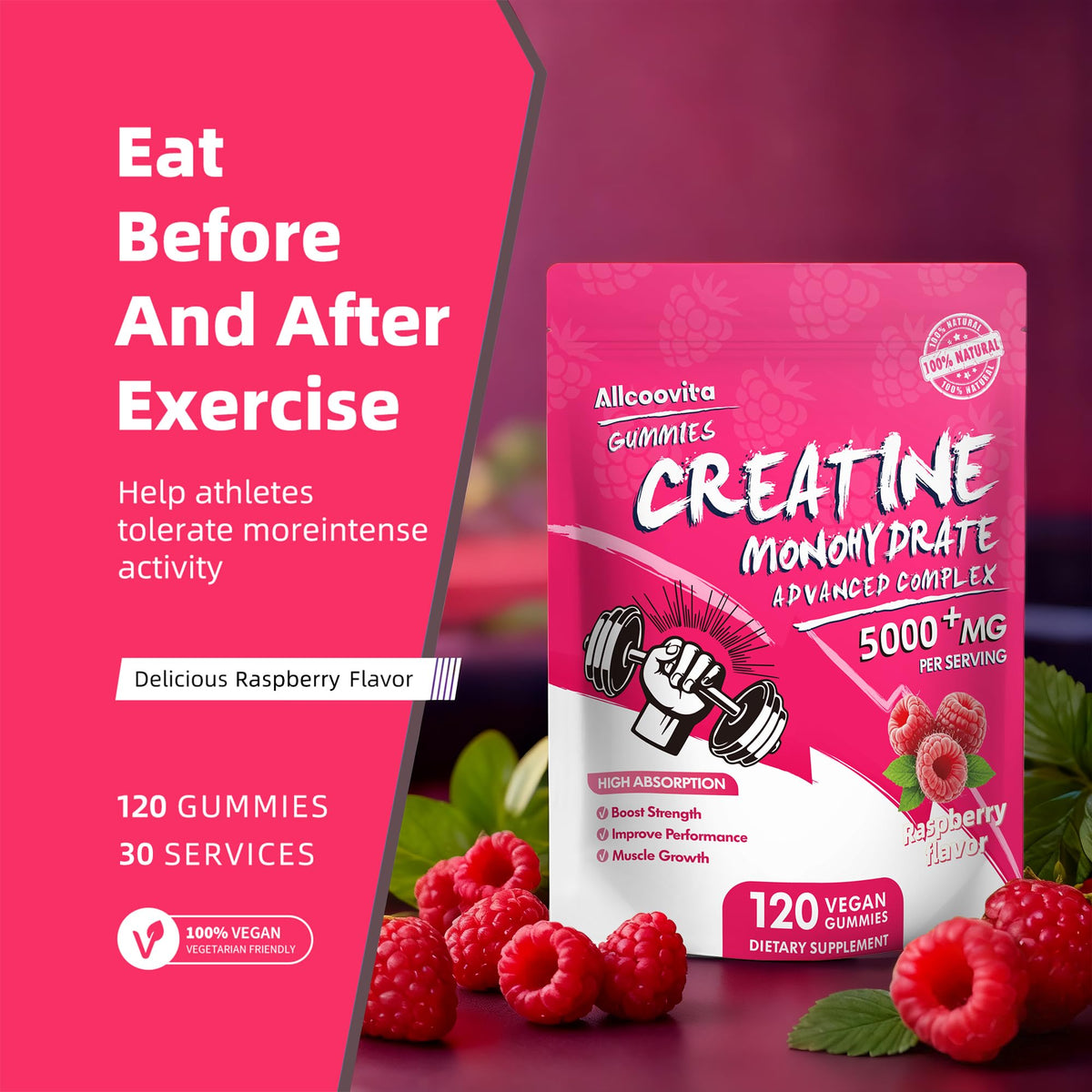 NSF Certified Creatine Gummy - Creatine Monohydrate Gummies 5000mg for Men & Women -120 Gummies Advanced Formula, Muscle Strength, Muscle Builder, Energy Boost, Pre-Workout Supplement-Raspberry AllcoovitaBuy Supplements Australia