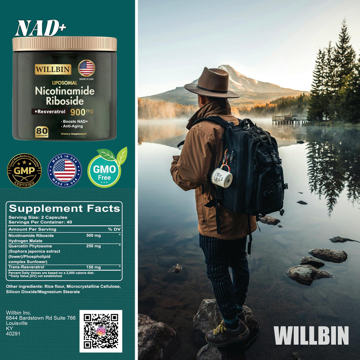 Willbin Liposomal NAD+ Supplement, Nicotinamide Riboside with Resveratrol, NAD Nicotinamide Riboside Boost Energy Focus Anti-Aging for Women & Men - 80 Vegan Capsules WillbinBuy Supplements Australia