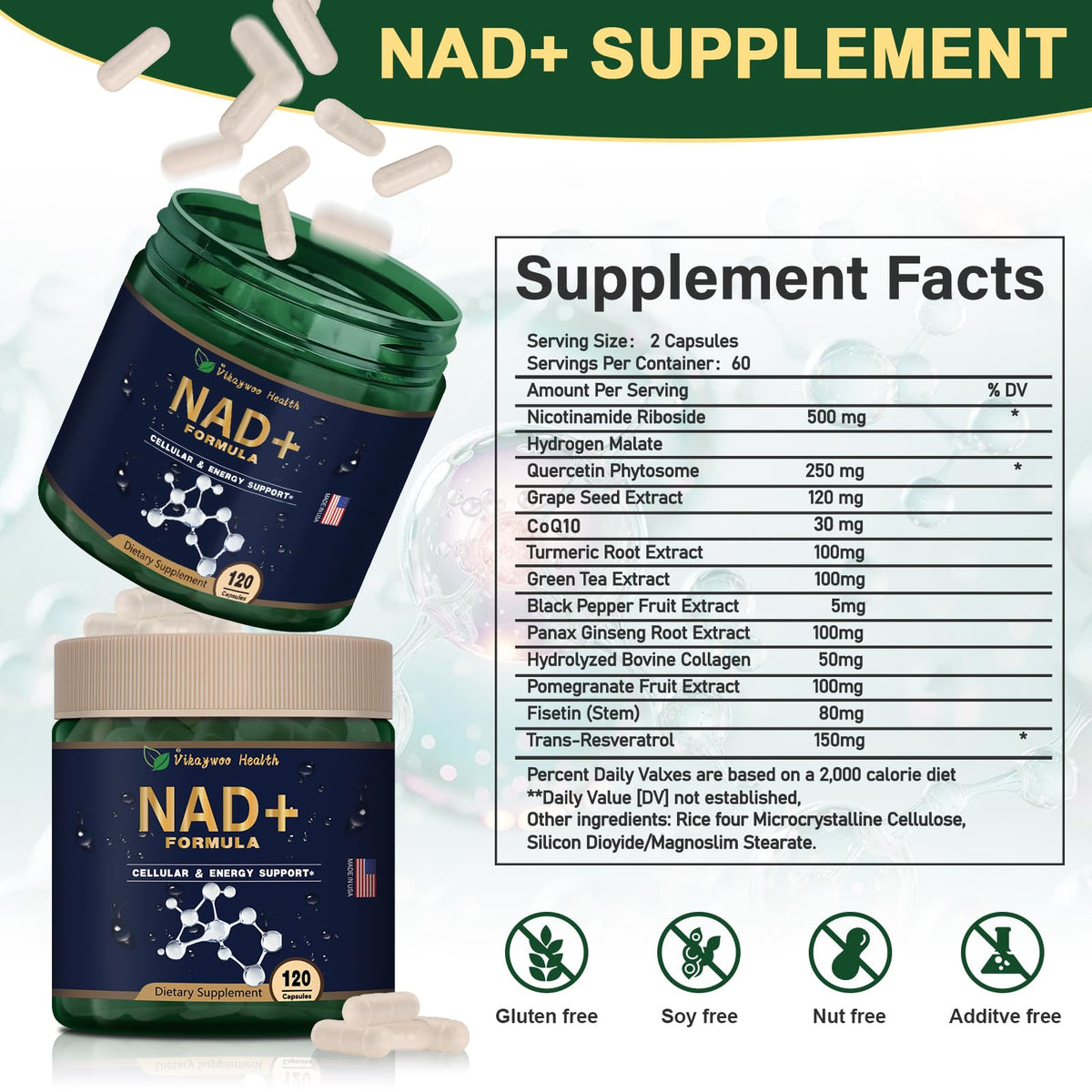 Vikaywoo NAD Supplement 1585 Mg -True NAD & Resveratrol, NMN Alternative Liposomal NAD+ for Women & Men, Support Cellular Health, Stamina & Healthy Aging - 120 Capsules VikaywooBuy Supplements Australia